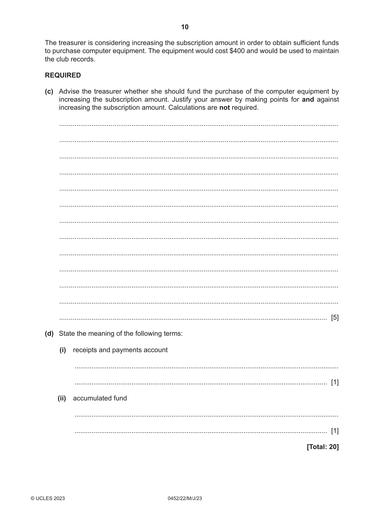 Cambridge IGCSE Accounting 0452 2023 May/June Paper 2 · Variant 2 question paper, page 10 of 20