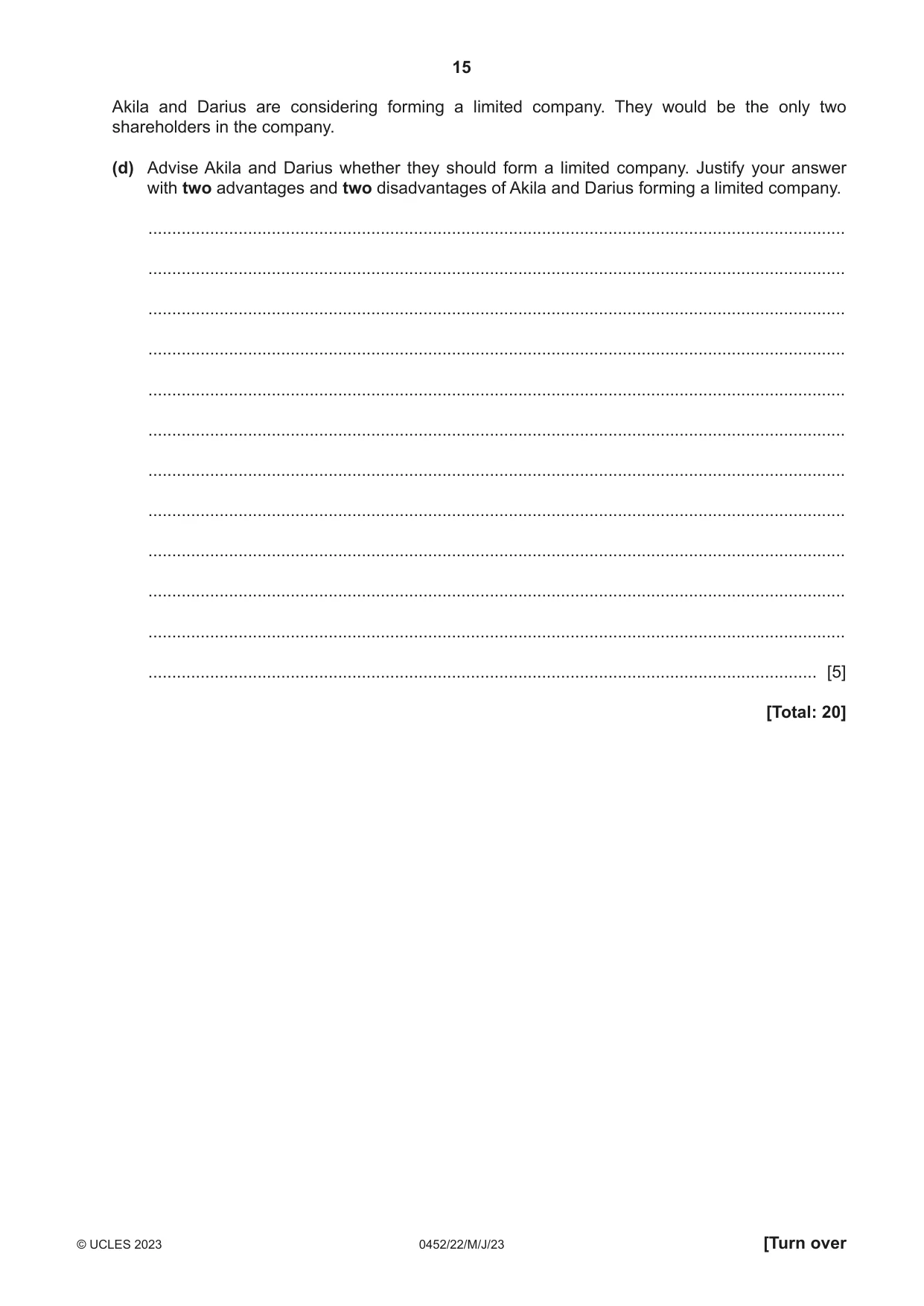 Cambridge IGCSE Accounting 0452 2023 May/June Paper 2 · Variant 2 question paper, page 15 of 20