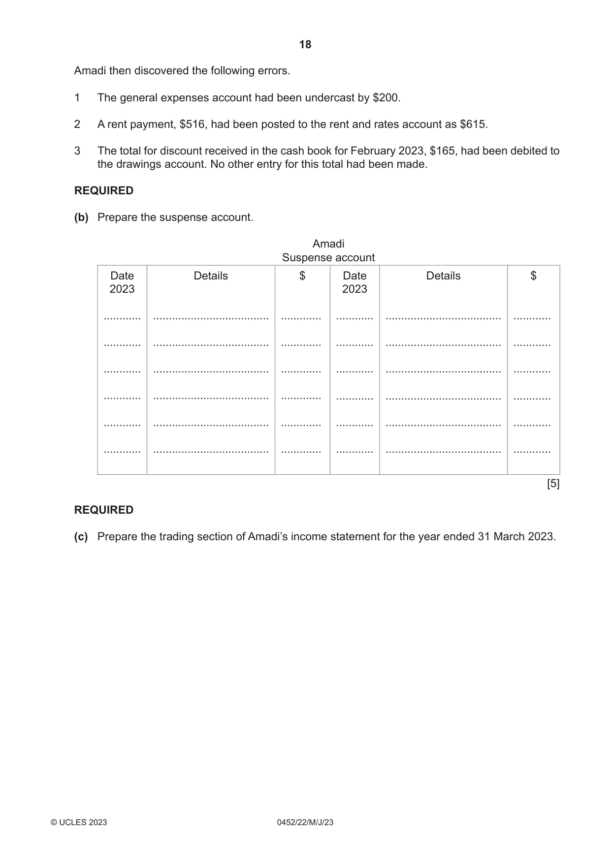 Cambridge IGCSE Accounting 0452 2023 May/June Paper 2 · Variant 2 question paper, page 18 of 20