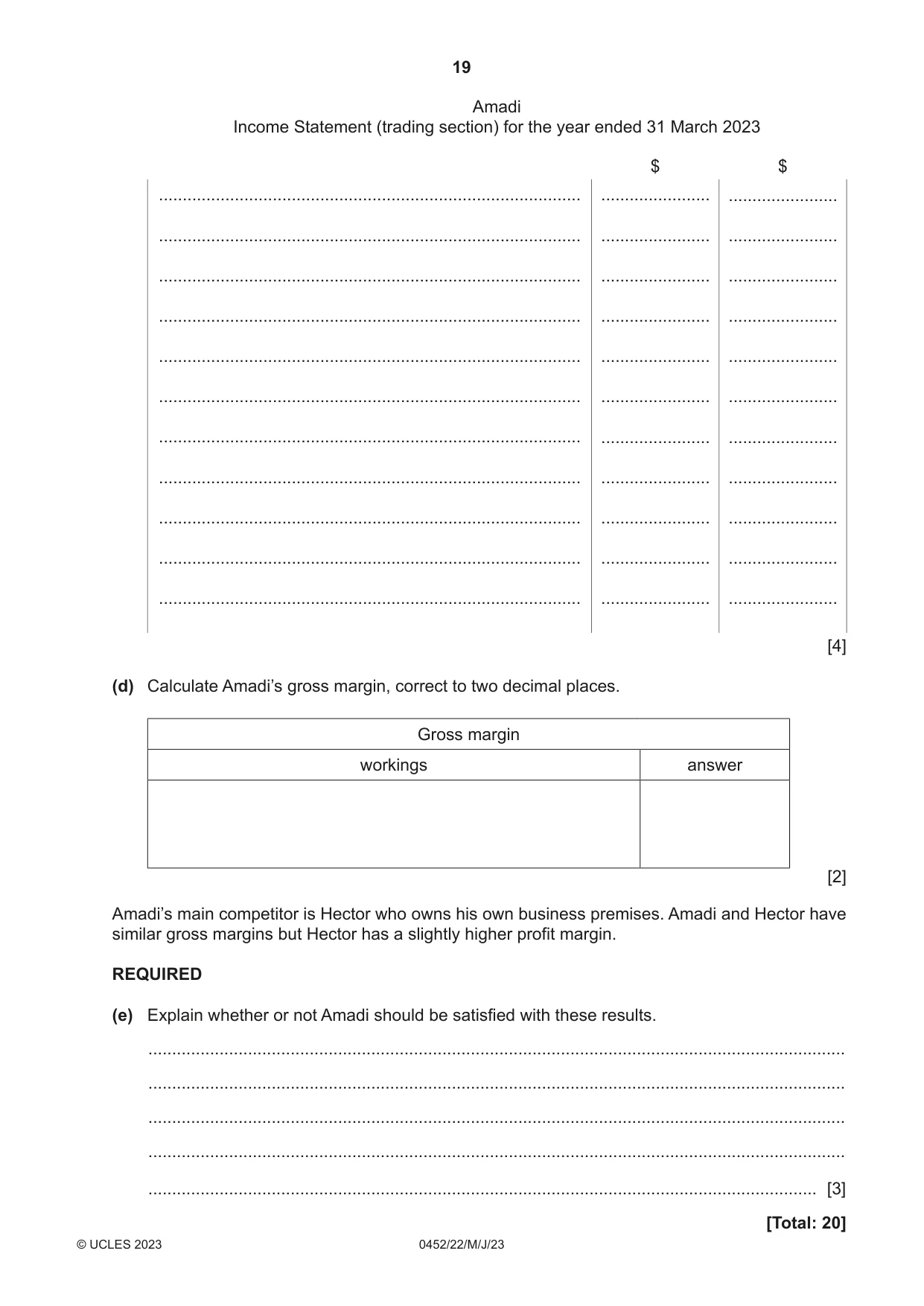 Cambridge IGCSE Accounting 0452 2023 May/June Paper 2 · Variant 2 question paper, page 19 of 20