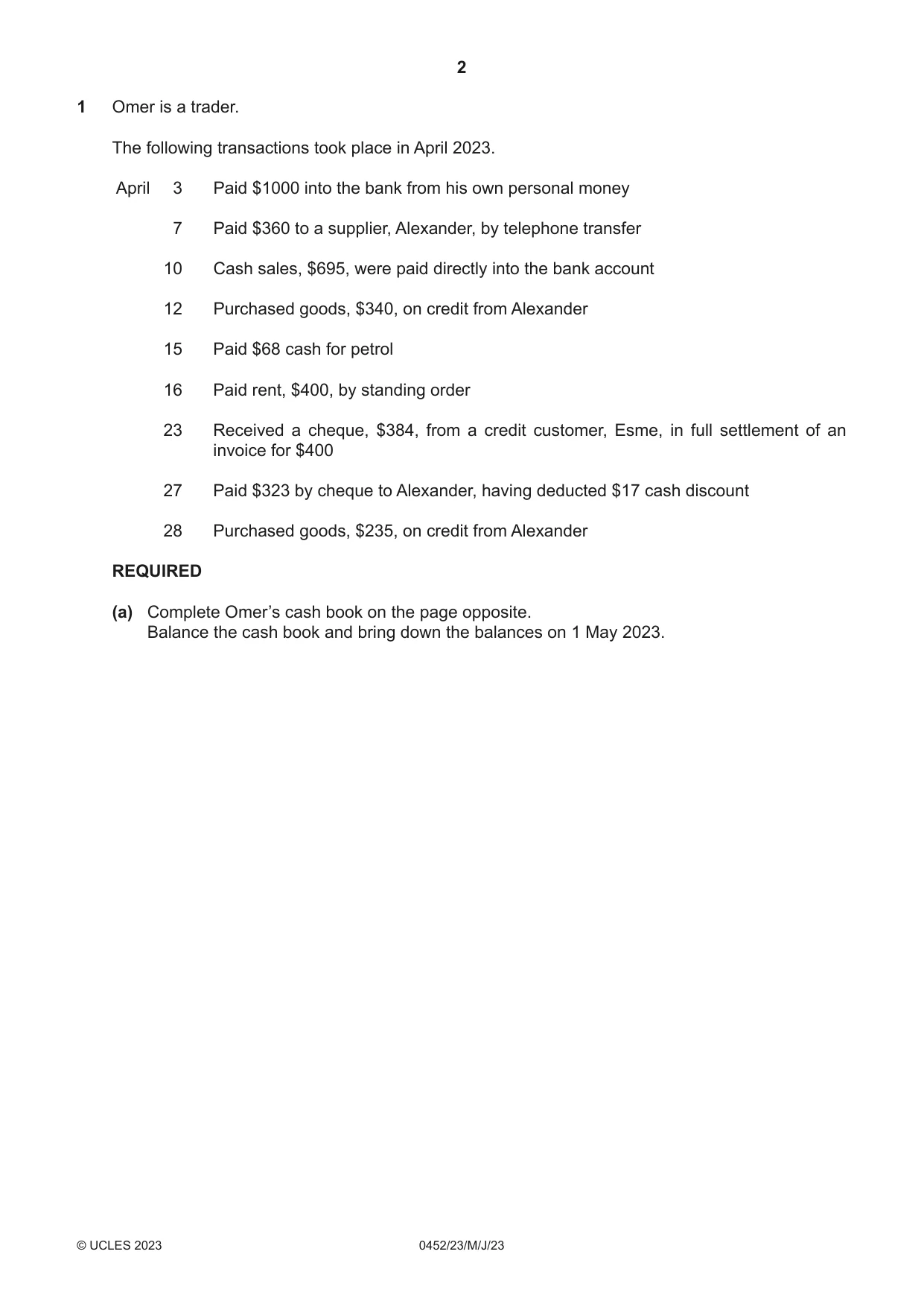 Cambridge IGCSE Accounting 0452 2023 May/June Paper 2 · Variant 3 question paper, page 2 of 20