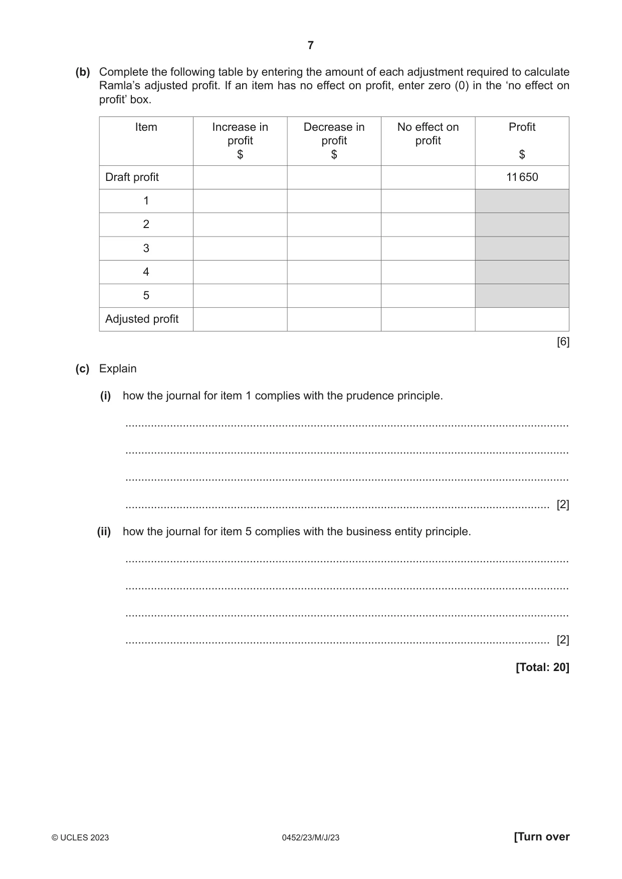 Cambridge IGCSE Accounting 0452 2023 May/June Paper 2 · Variant 3 question paper, page 7 of 20