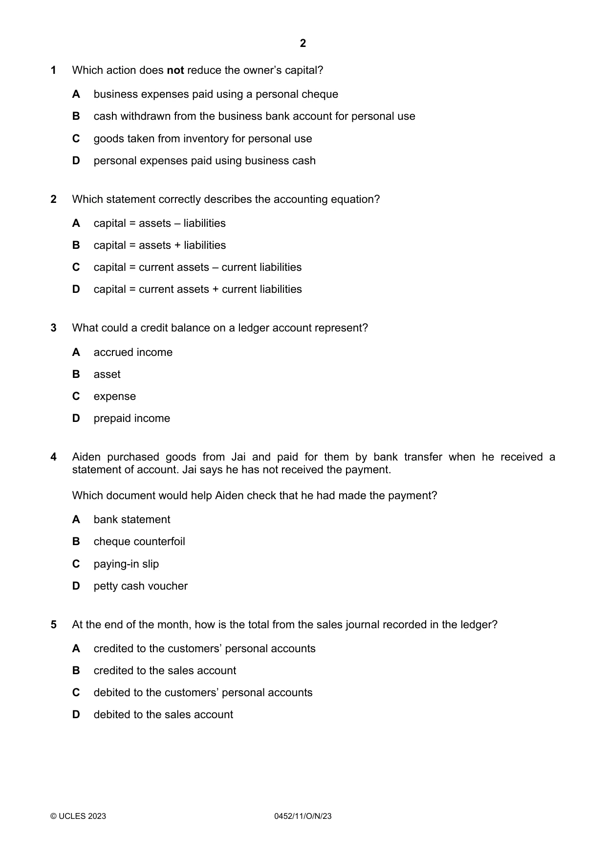 Cambridge IGCSE Accounting 0452 2023 Oct/Nov Paper 1 · Variant 1 question paper, page 2 of 12
