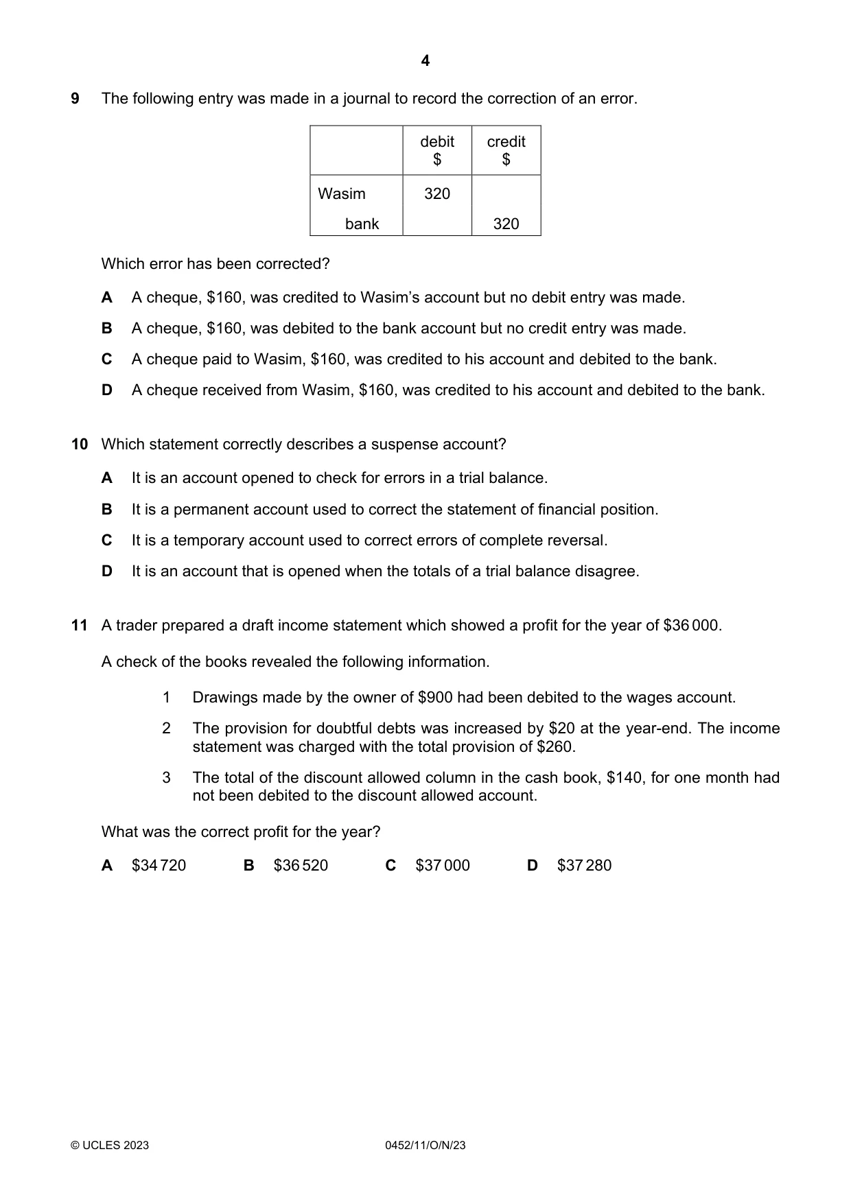 Cambridge IGCSE Accounting 0452 2023 Oct/Nov Paper 1 · Variant 1 question paper, page 4 of 12