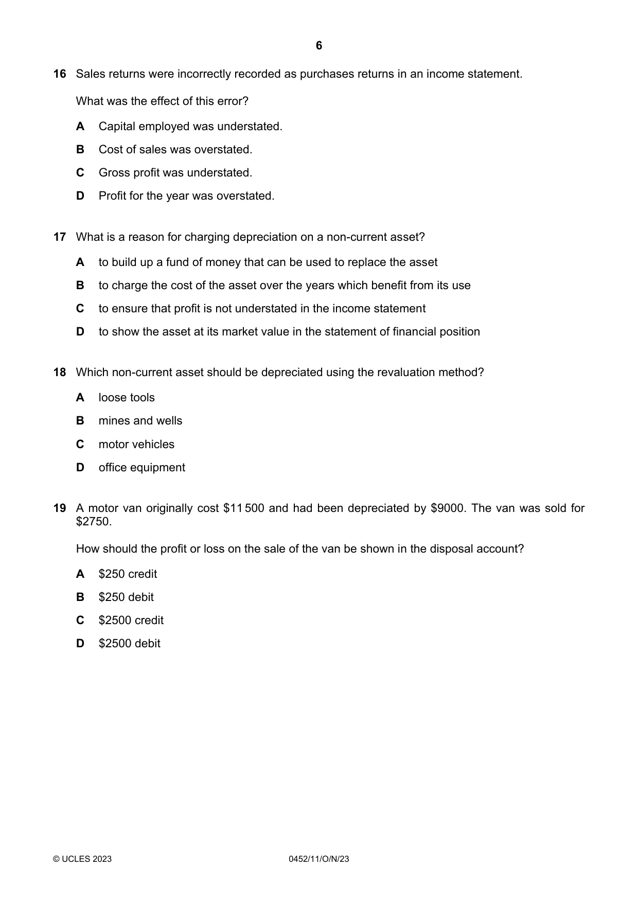 Cambridge IGCSE Accounting 0452 2023 Oct/Nov Paper 1 · Variant 1 question paper, page 6 of 12
