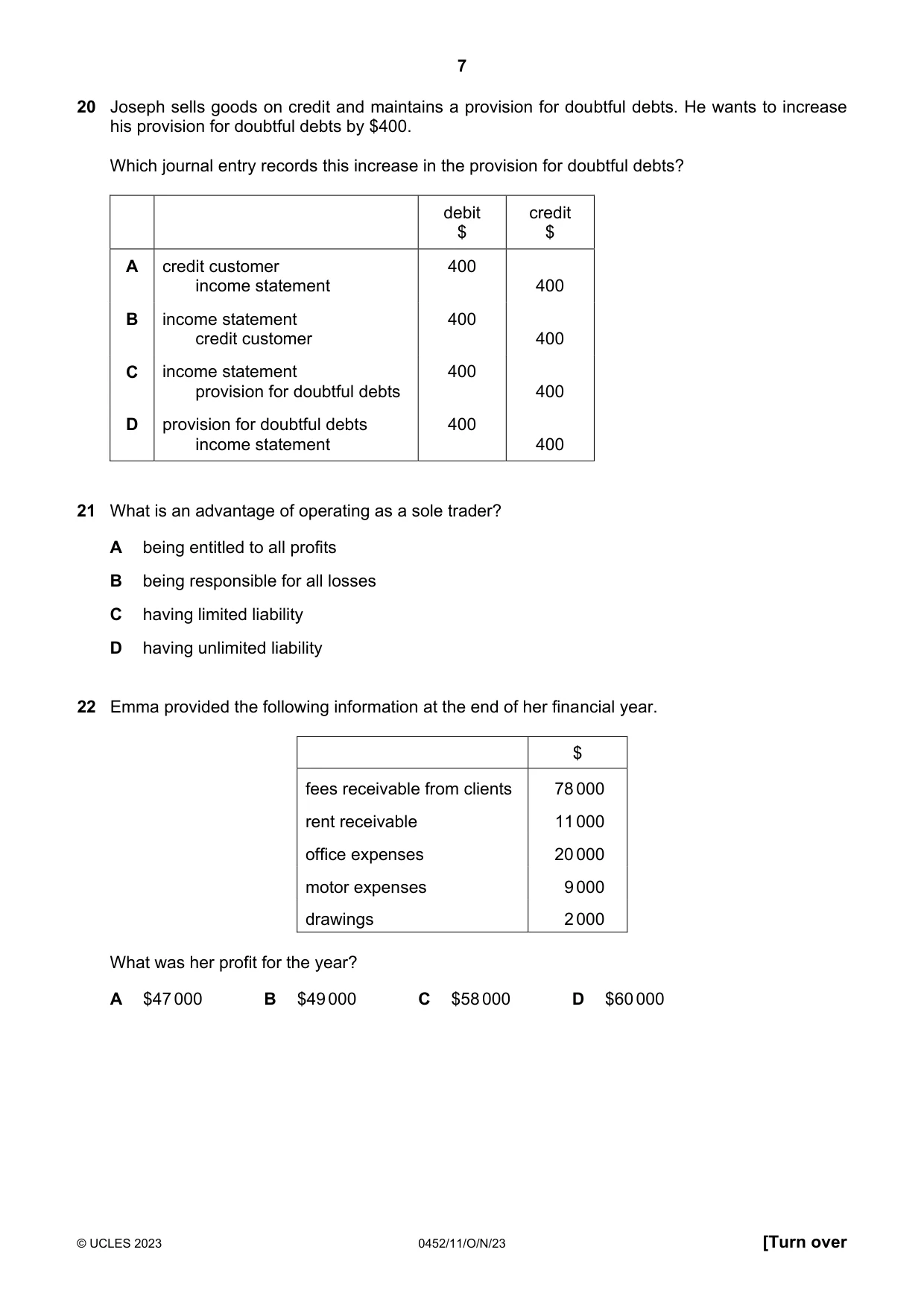 Cambridge IGCSE Accounting 0452 2023 Oct/Nov Paper 1 · Variant 1 question paper, page 7 of 12