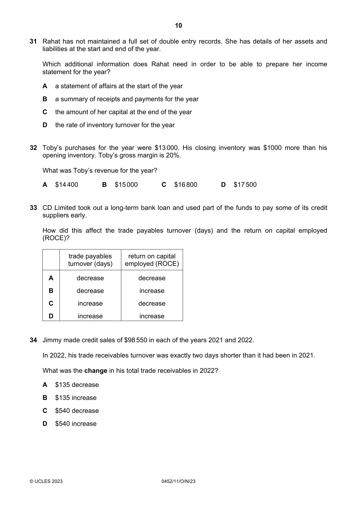 Cambridge IGCSE Accounting 0452 2023 Oct/Nov Paper 1 · Variant 1 question paper, page 10 of 12
