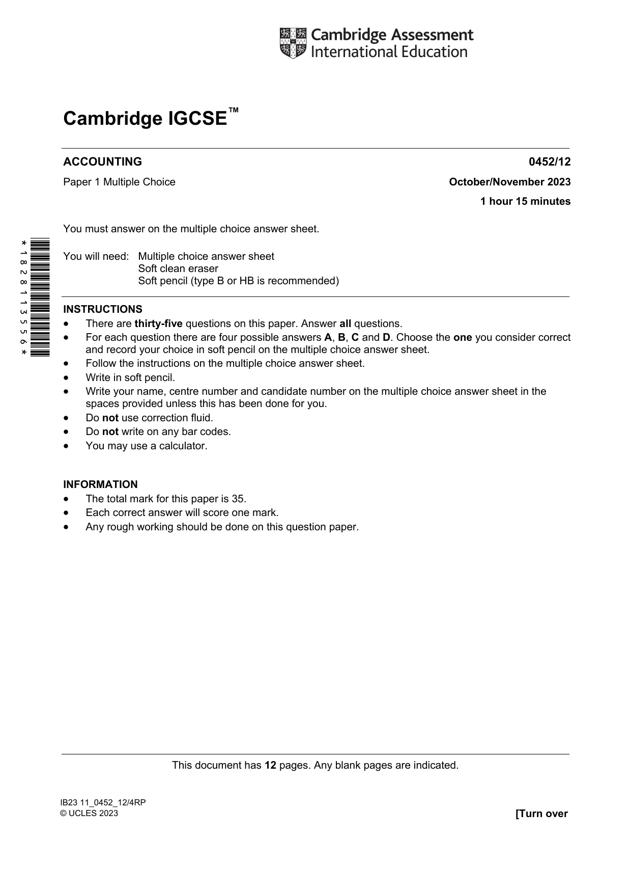 Cambridge IGCSE Accounting 0452 2023 Oct/Nov Paper 1 · Variant 2 question paper, page 1 of 12