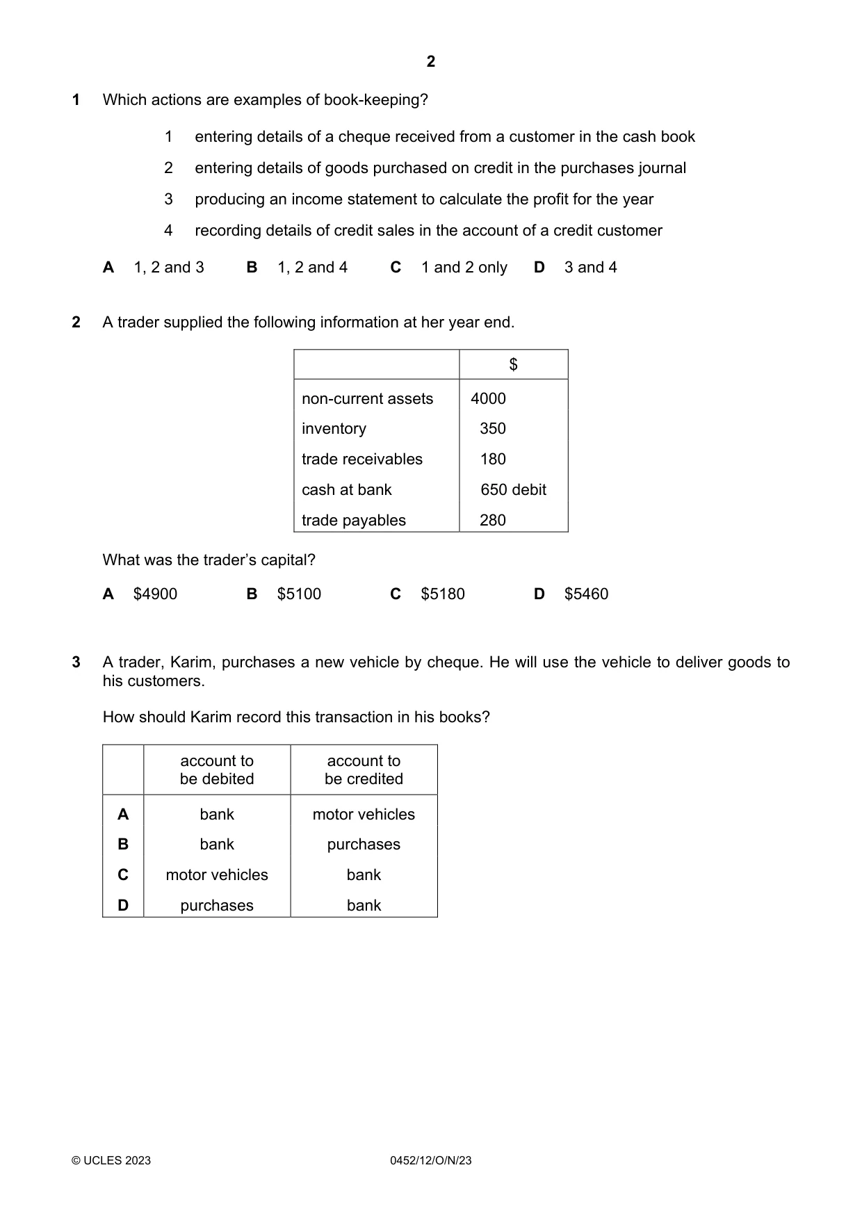 Cambridge IGCSE Accounting 0452 2023 Oct/Nov Paper 1 · Variant 2 question paper, page 2 of 12