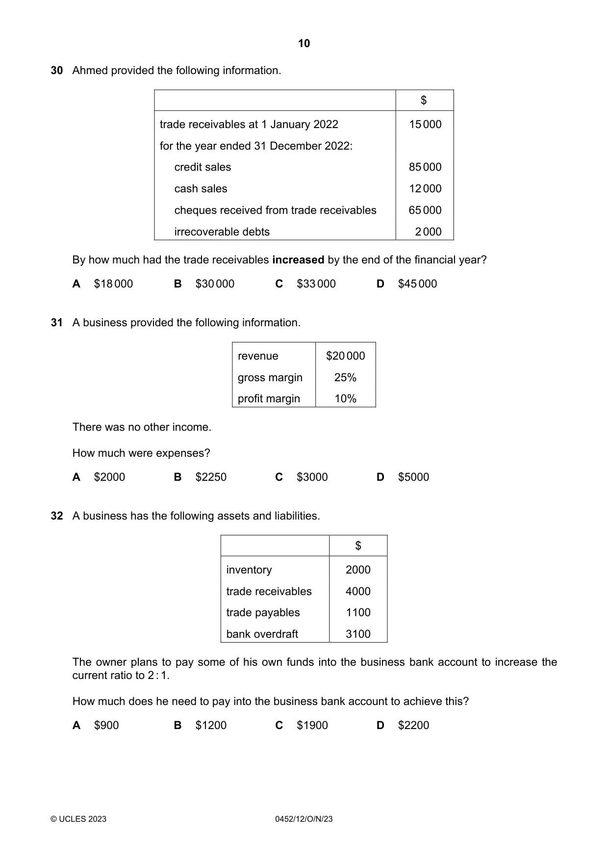 Cambridge IGCSE Accounting 0452 2023 Oct/Nov Paper 1 · Variant 2 question paper, page 10 of 12