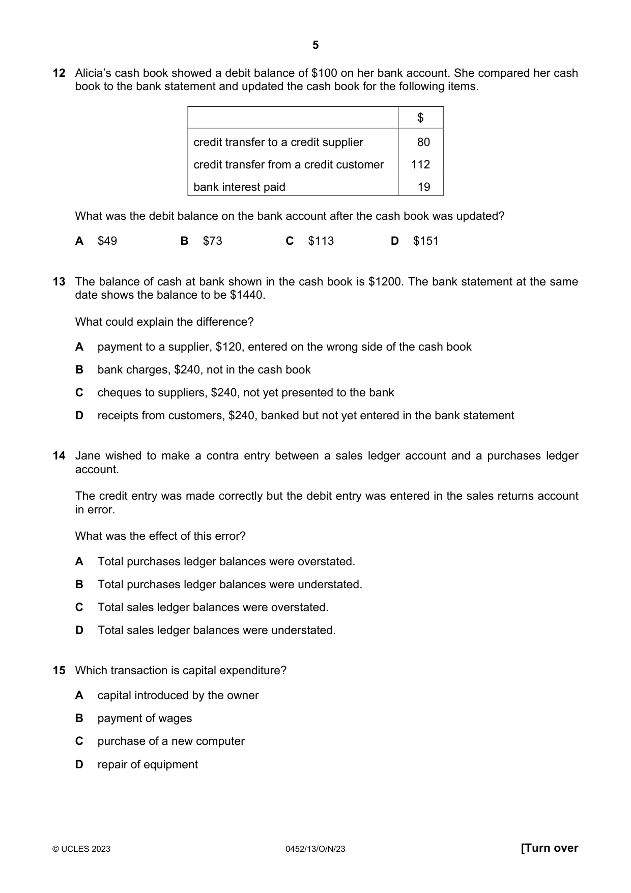 Cambridge IGCSE Accounting 0452 2023 Oct/Nov Paper 1 · Variant 3 question paper, page 5 of 12