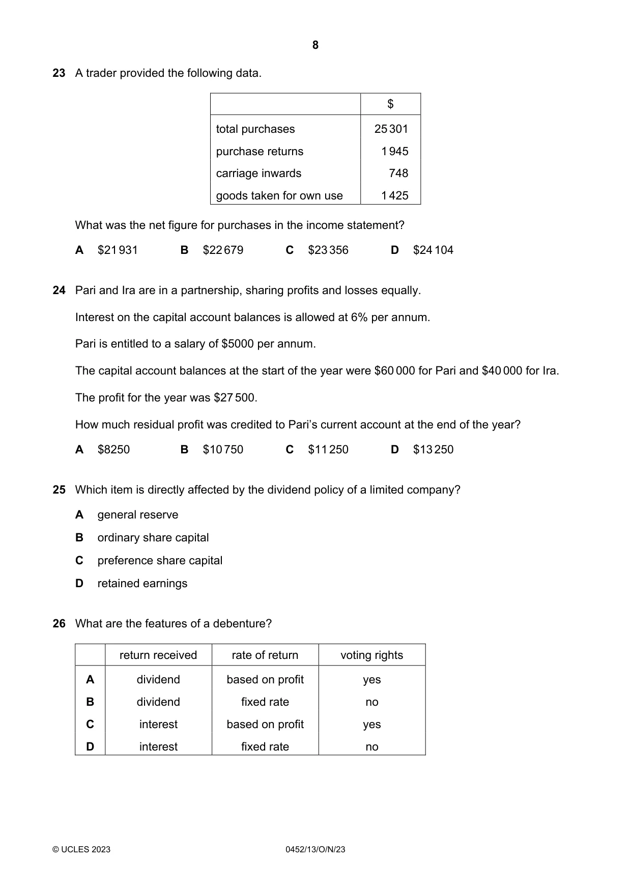 Cambridge IGCSE Accounting 0452 2023 Oct/Nov Paper 1 · Variant 3 question paper, page 8 of 12