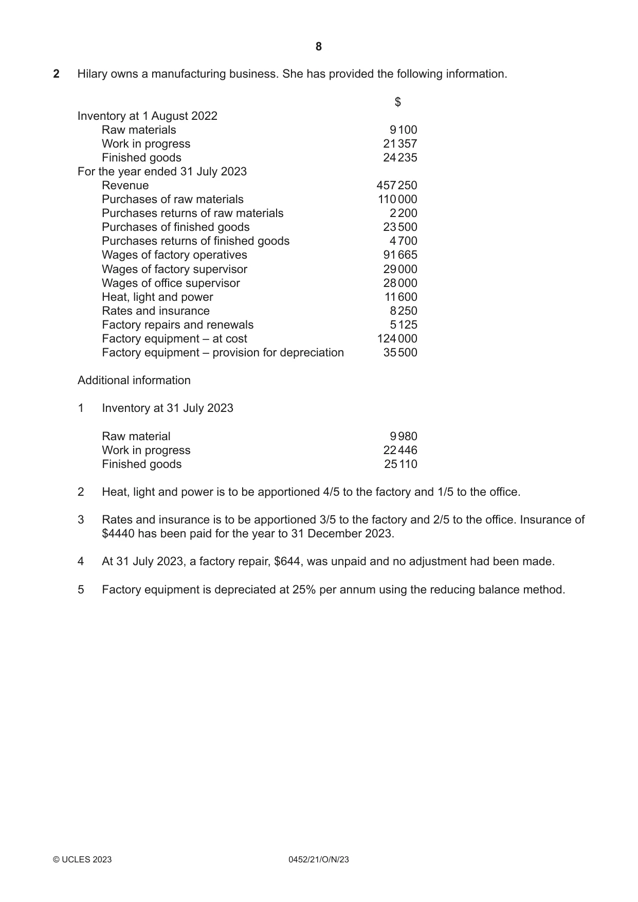 Cambridge IGCSE Accounting 0452 2023 Oct/Nov Paper 2 · Variant 1 question paper, page 8 of 24