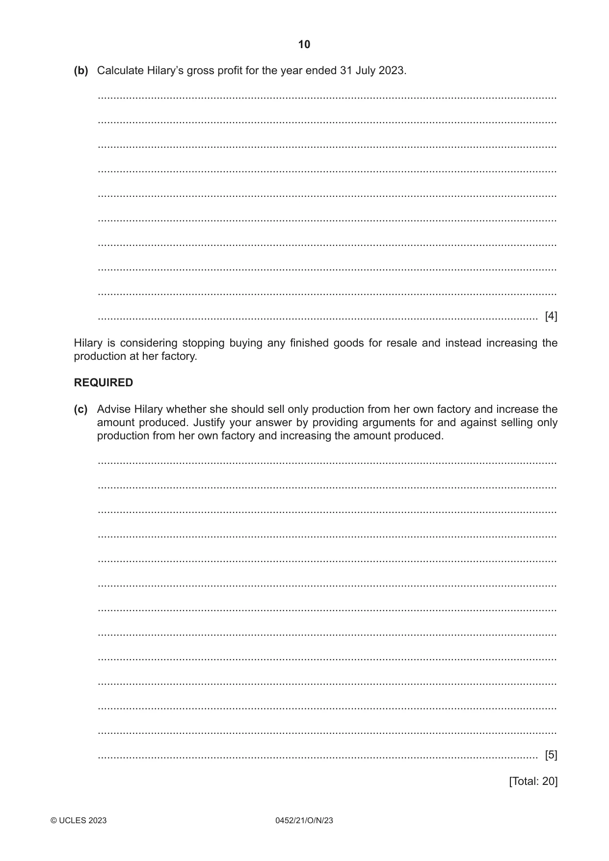 Cambridge IGCSE Accounting 0452 2023 Oct/Nov Paper 2 · Variant 1 question paper, page 10 of 24