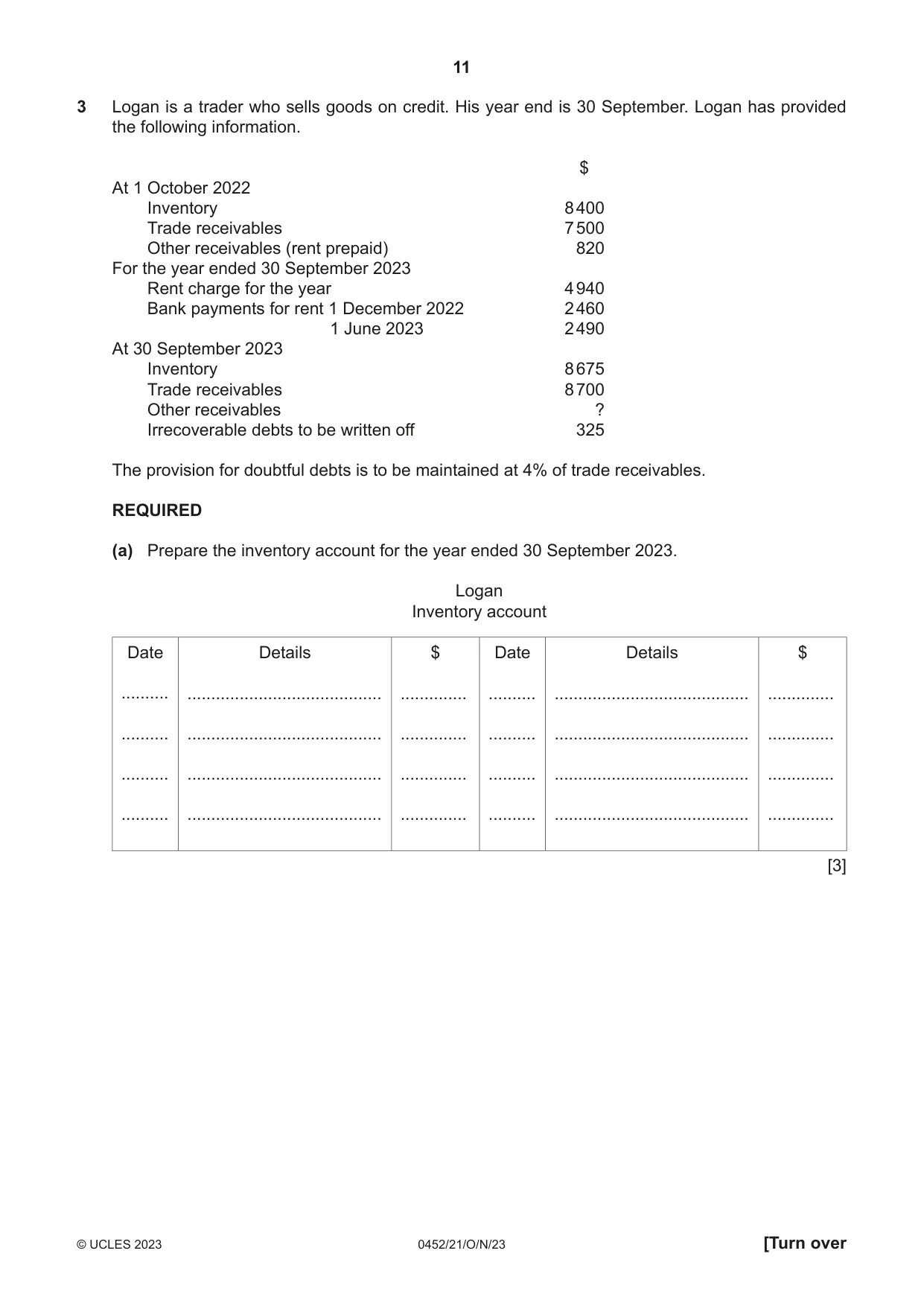 Cambridge IGCSE Accounting 0452 2023 Oct/Nov Paper 2 · Variant 1 question paper, page 11 of 24