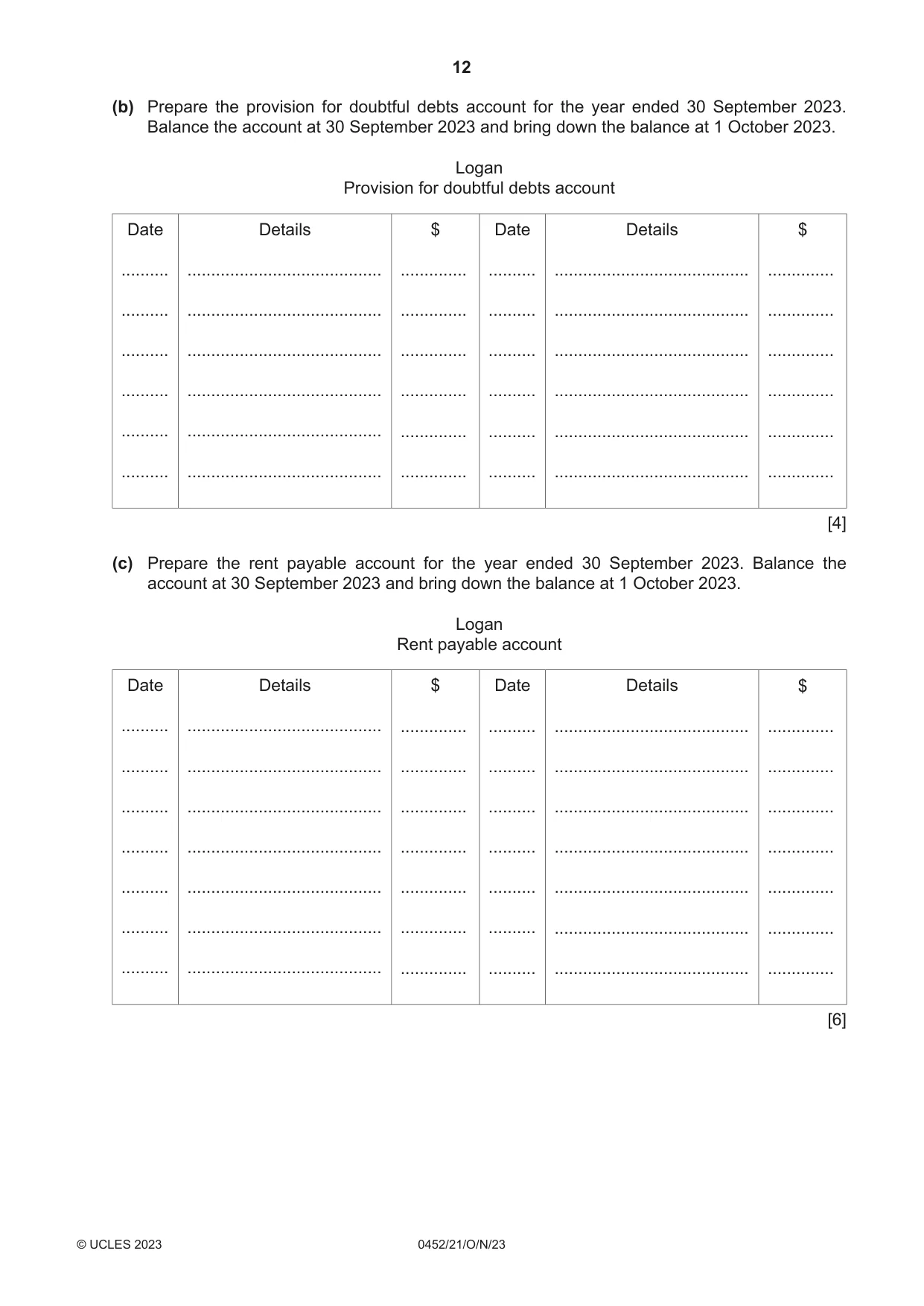 Cambridge IGCSE Accounting 0452 2023 Oct/Nov Paper 2 · Variant 1 question paper, page 12 of 24