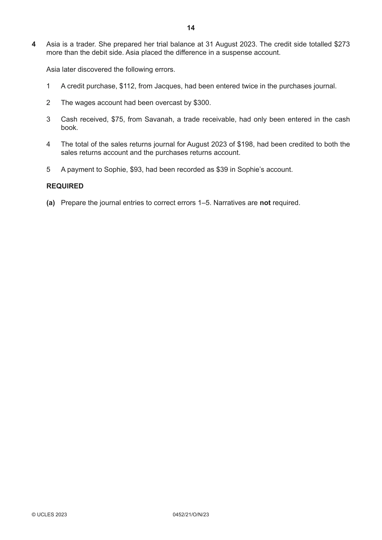 Cambridge IGCSE Accounting 0452 2023 Oct/Nov Paper 2 · Variant 1 question paper, page 14 of 24
