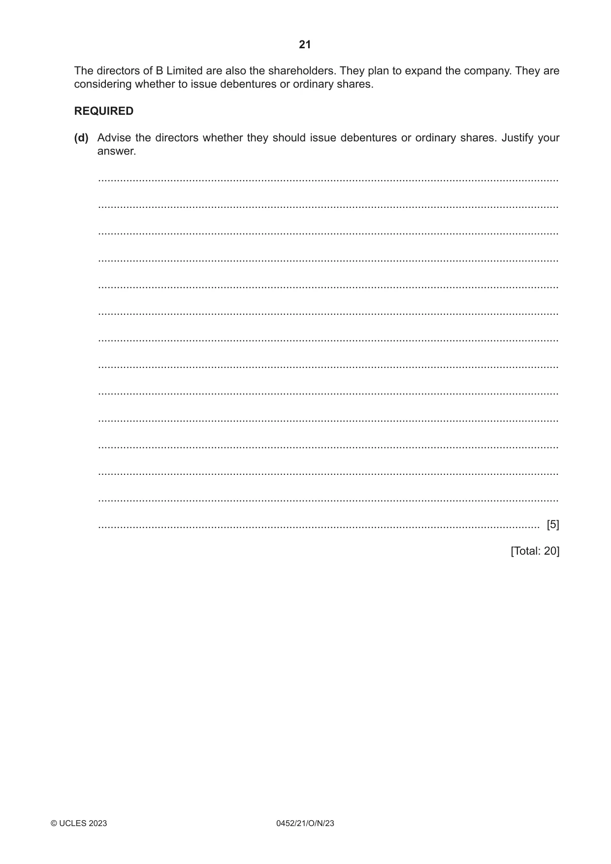 Cambridge IGCSE Accounting 0452 2023 Oct/Nov Paper 2 · Variant 1 question paper, page 21 of 24