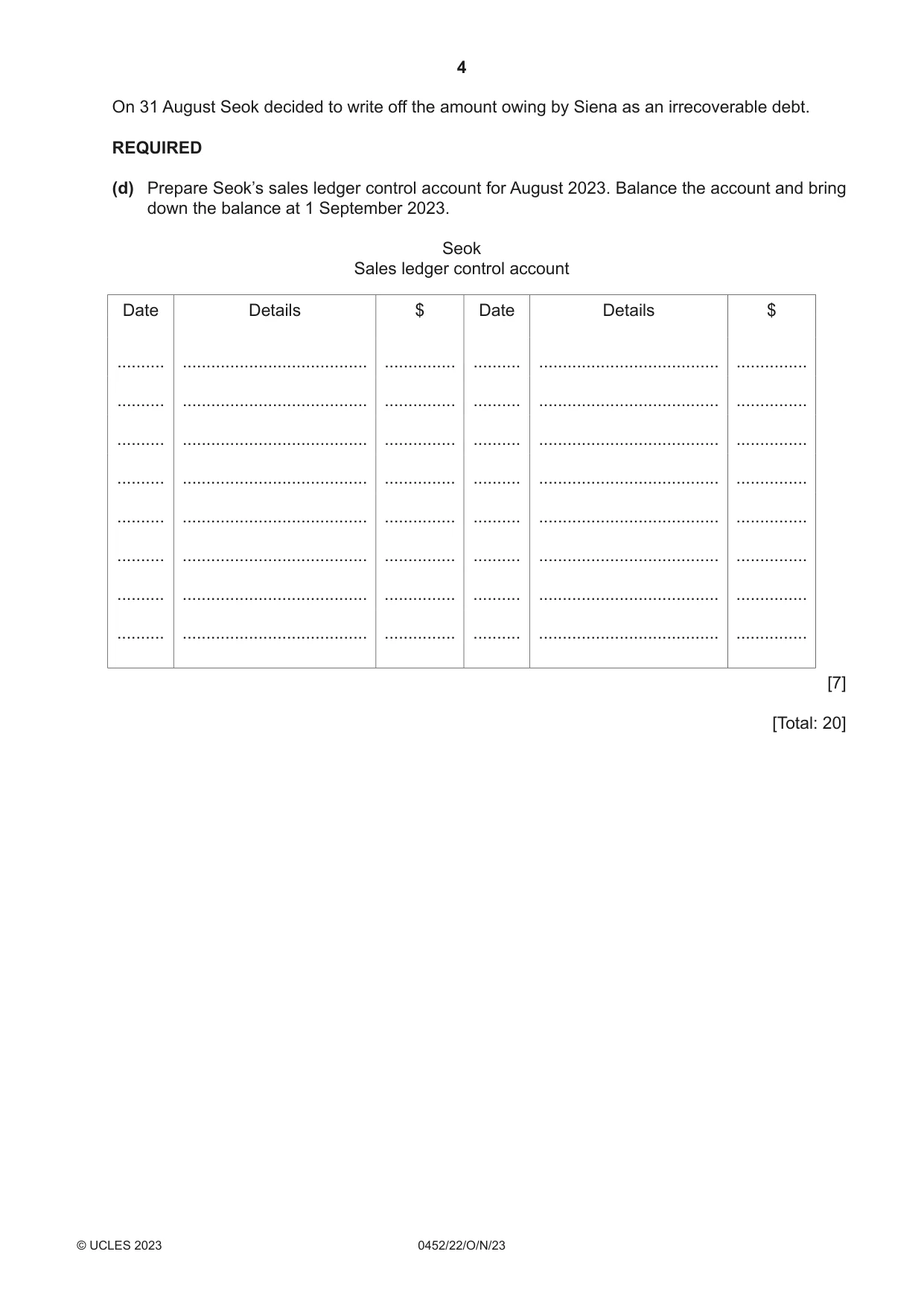Cambridge IGCSE Accounting 0452 2023 Oct/Nov Paper 2 · Variant 2 question paper, page 4 of 20