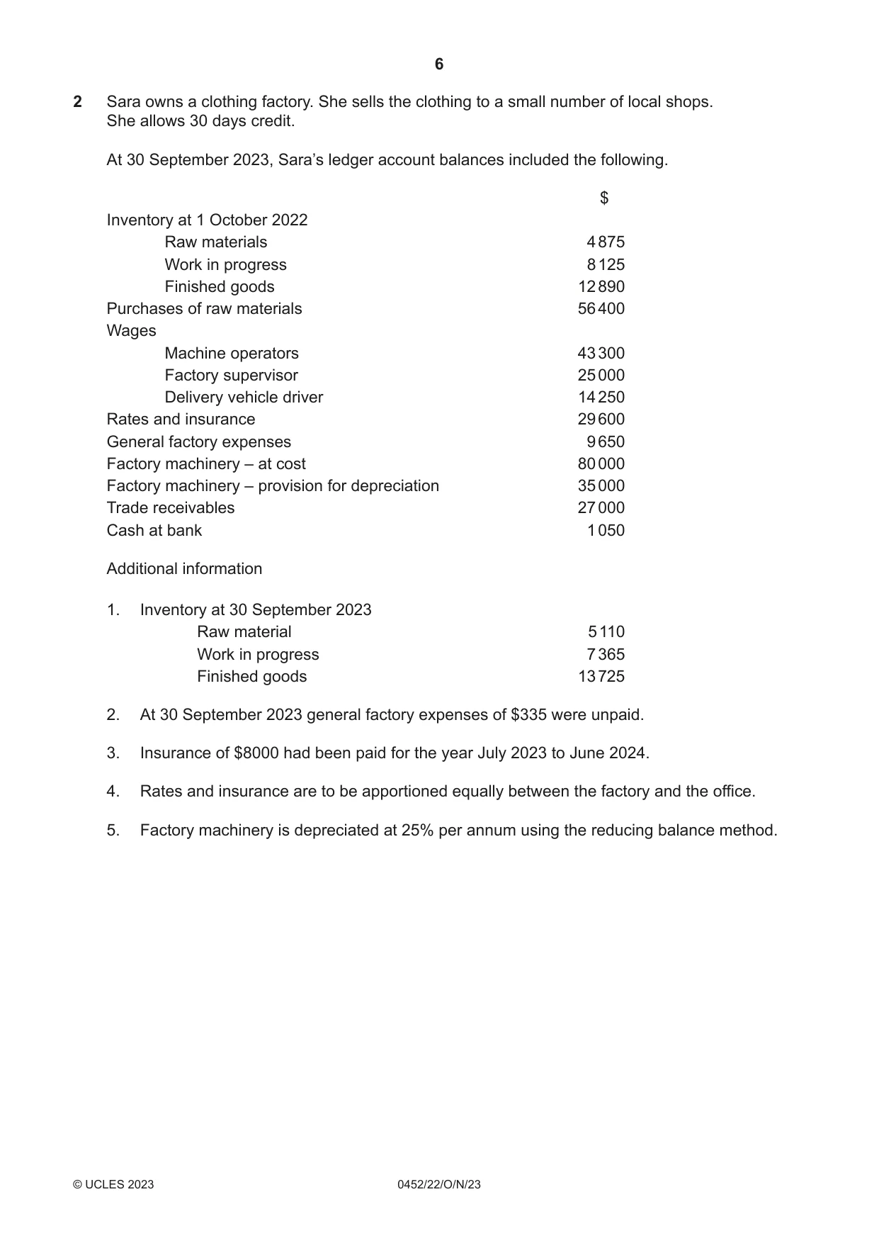 Cambridge IGCSE Accounting 0452 2023 Oct/Nov Paper 2 · Variant 2 question paper, page 6 of 20