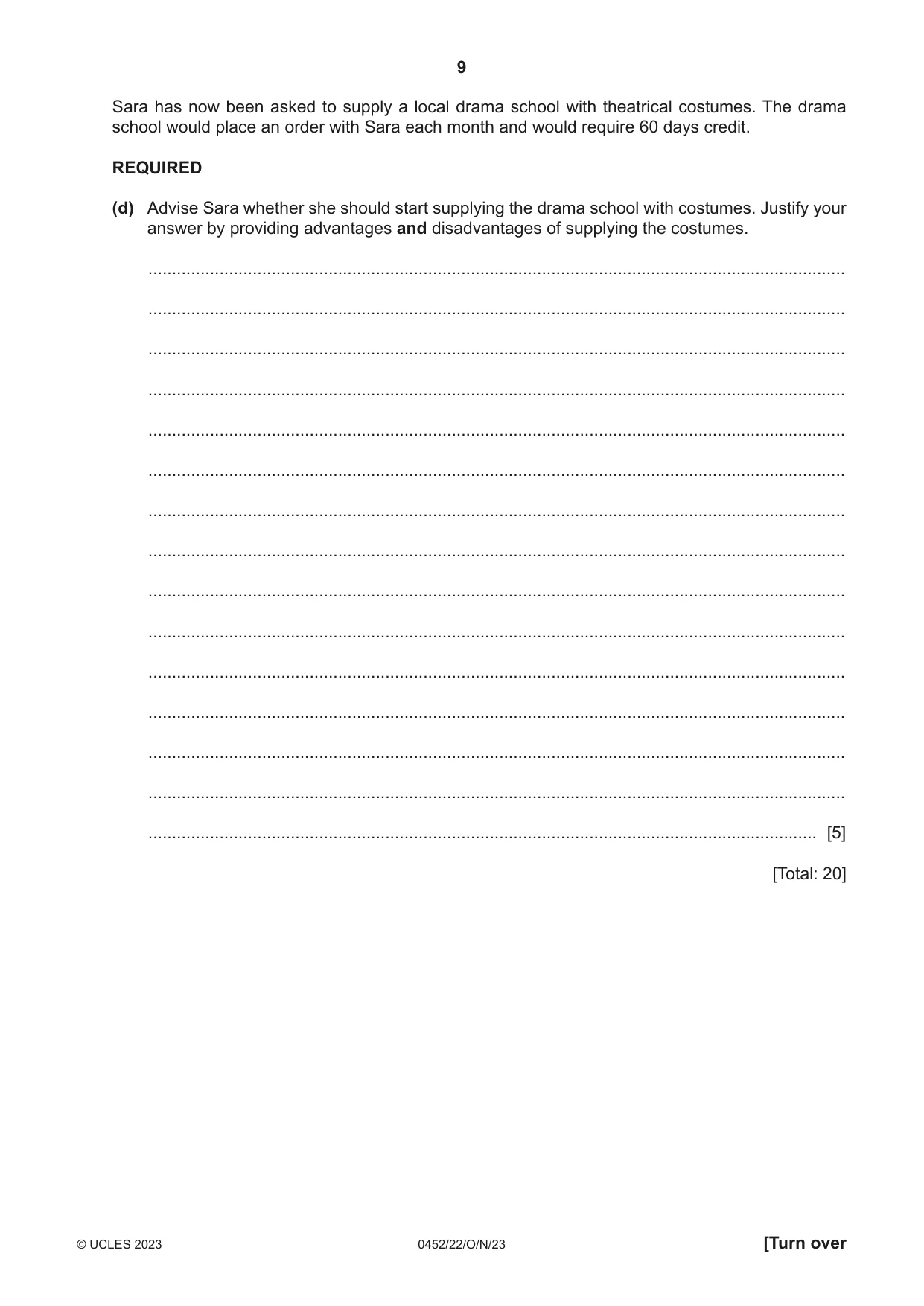 Cambridge IGCSE Accounting 0452 2023 Oct/Nov Paper 2 · Variant 2 question paper, page 9 of 20