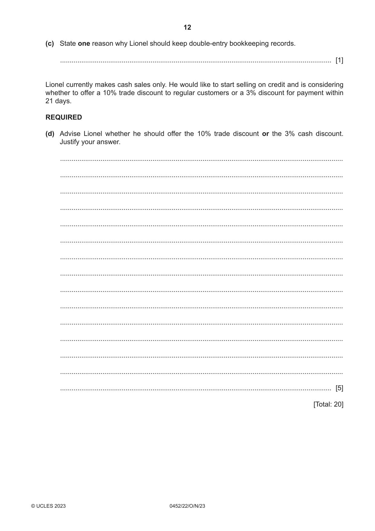 Cambridge IGCSE Accounting 0452 2023 Oct/Nov Paper 2 · Variant 2 question paper, page 12 of 20