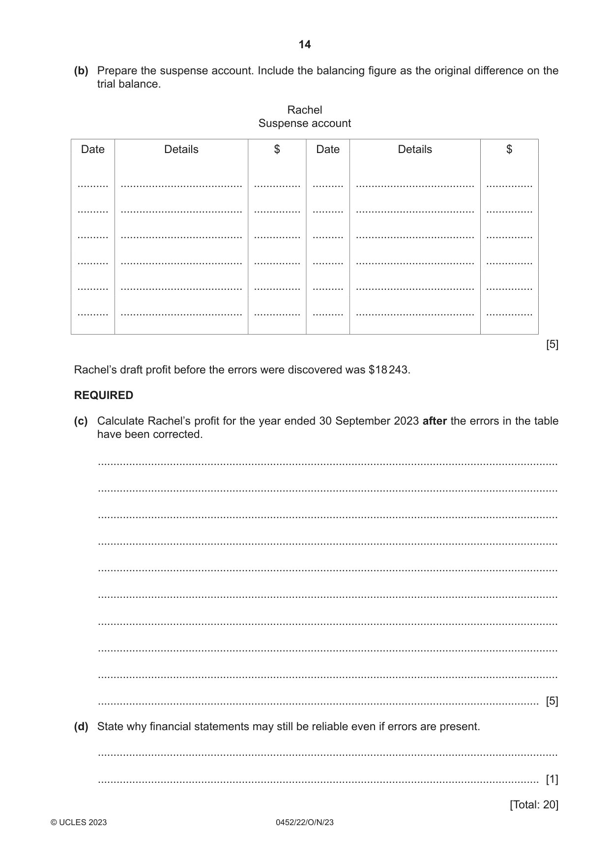 Cambridge IGCSE Accounting 0452 2023 Oct/Nov Paper 2 · Variant 2 question paper, page 14 of 20