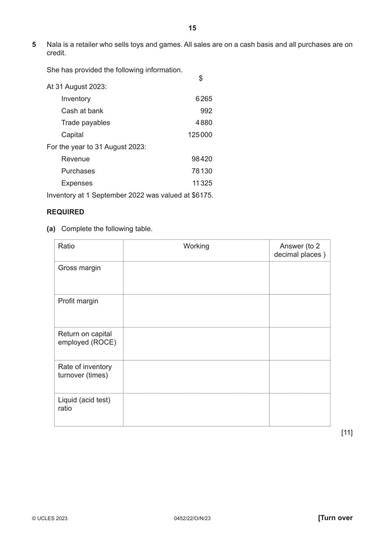 Cambridge IGCSE Accounting 0452 2023 Oct/Nov Paper 2 · Variant 2 question paper, page 15 of 20