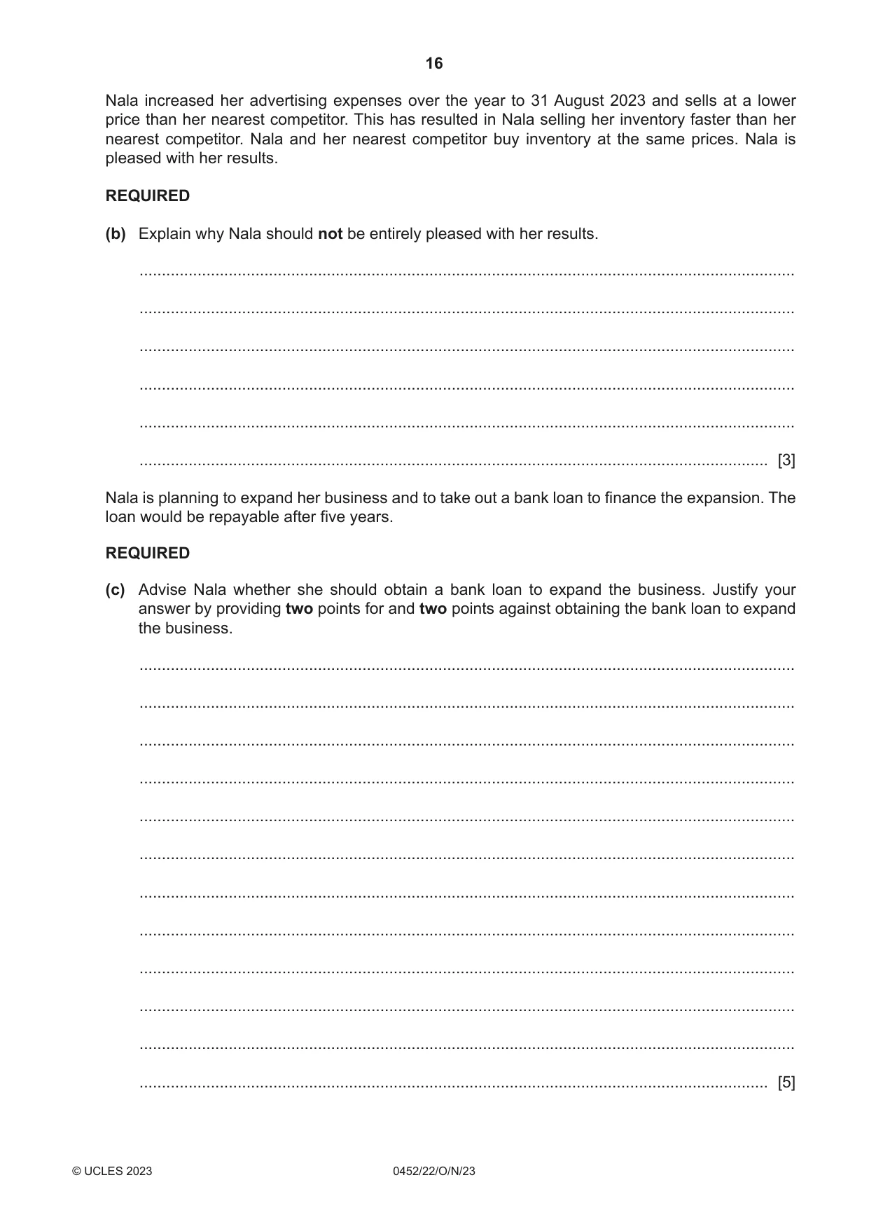 Cambridge IGCSE Accounting 0452 2023 Oct/Nov Paper 2 · Variant 2 question paper, page 16 of 20