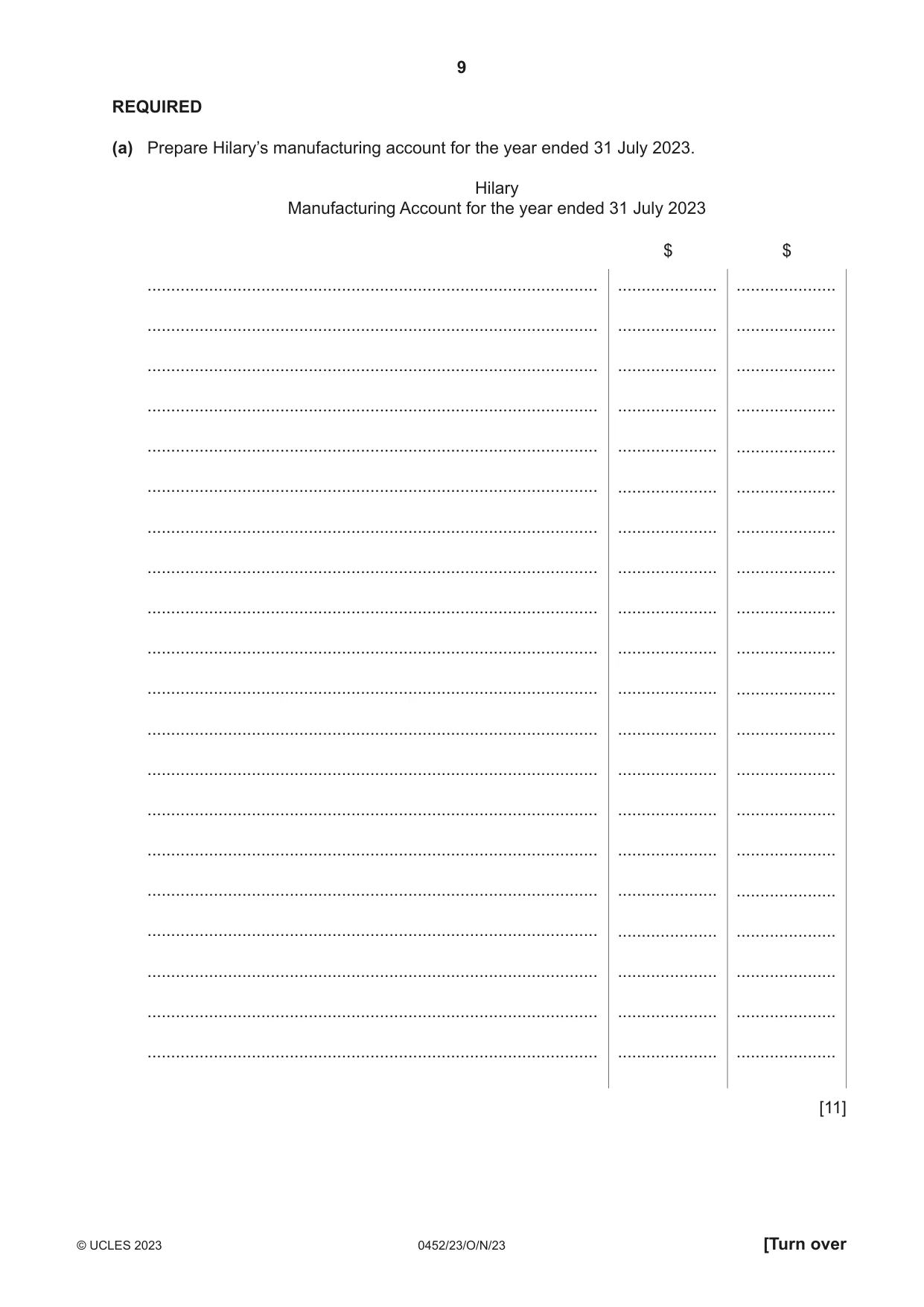 Cambridge IGCSE Accounting 0452 2023 Oct/Nov Paper 2 · Variant 3 question paper, page 9 of 24