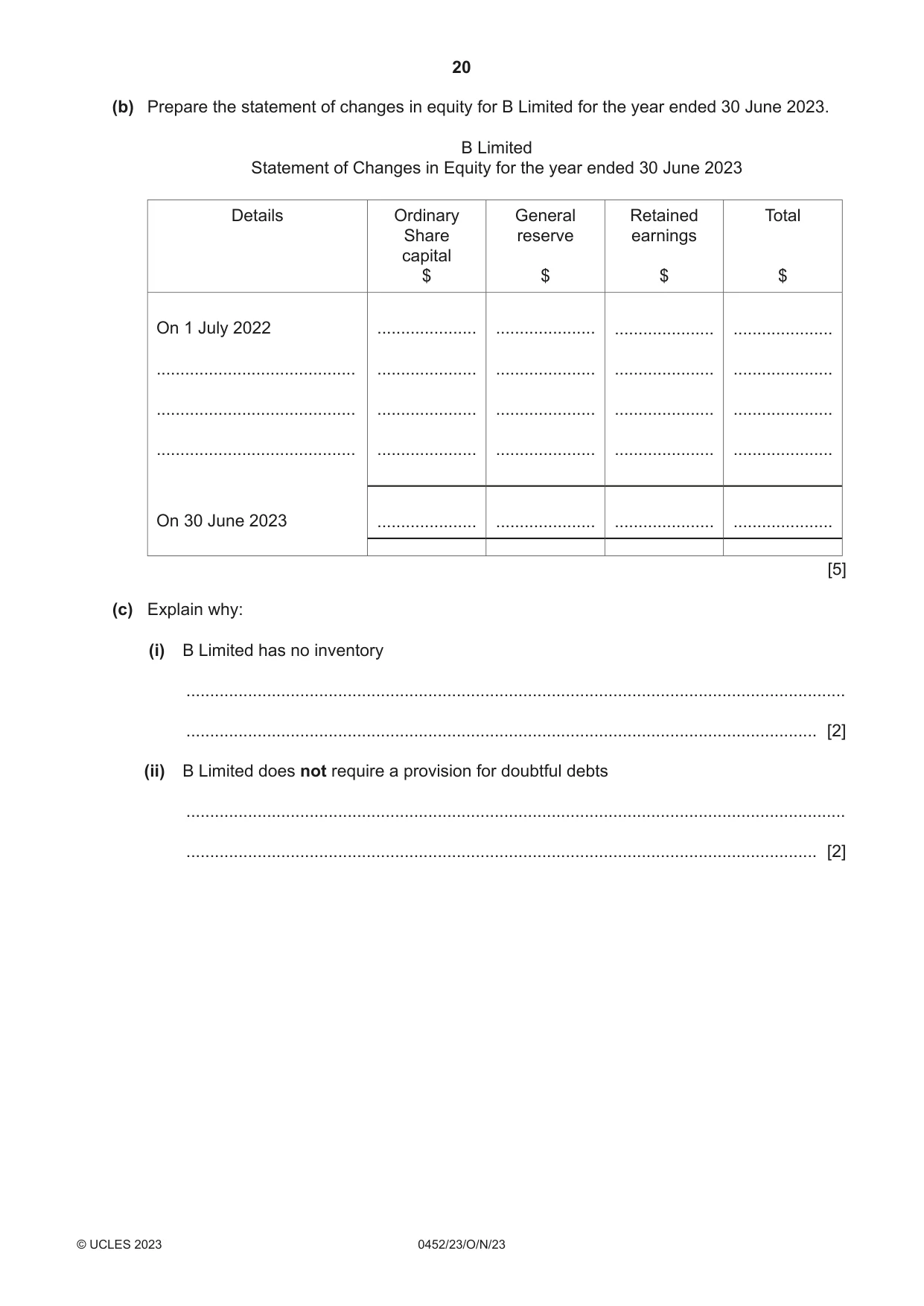 Cambridge IGCSE Accounting 0452 2023 Oct/Nov Paper 2 · Variant 3 question paper, page 20 of 24