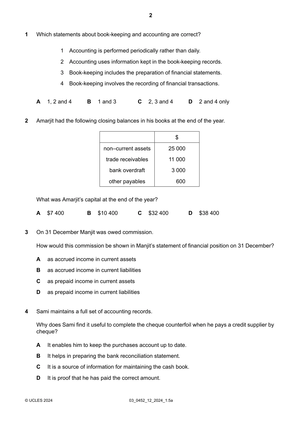 Cambridge IGCSE Accounting 0452 2024 Feb/March Paper 1 · Variant 2 question paper, page 2 of 16