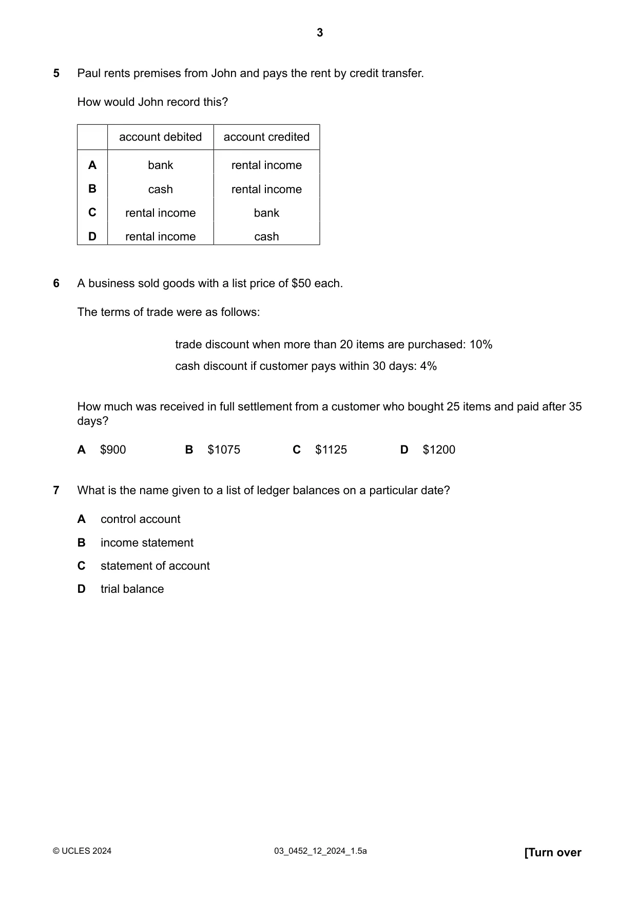 Cambridge IGCSE Accounting 0452 2024 Feb/March Paper 1 · Variant 2 question paper, page 3 of 16