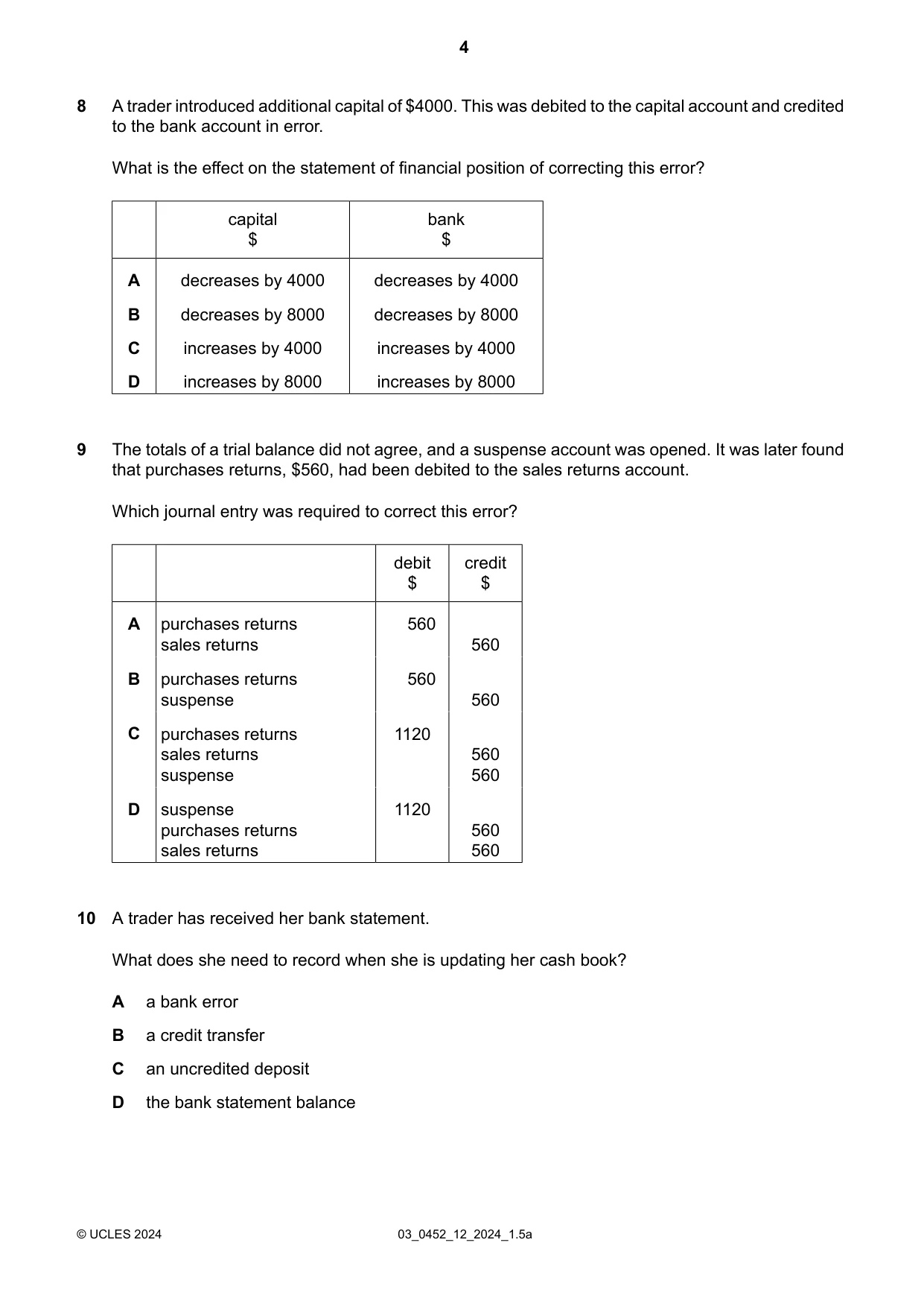 Cambridge IGCSE Accounting 0452 2024 Feb/March Paper 1 · Variant 2 question paper, page 4 of 16