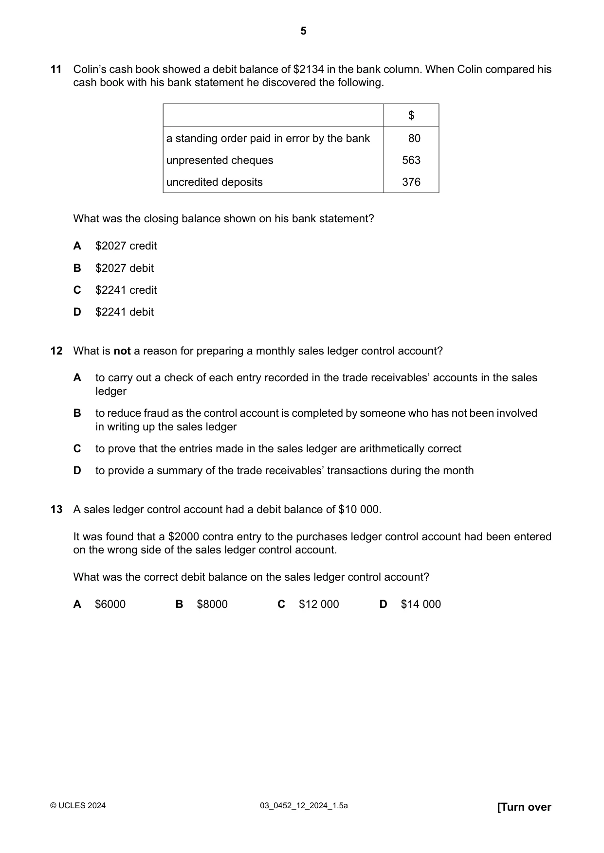 Cambridge IGCSE Accounting 0452 2024 Feb/March Paper 1 · Variant 2 question paper, page 5 of 16