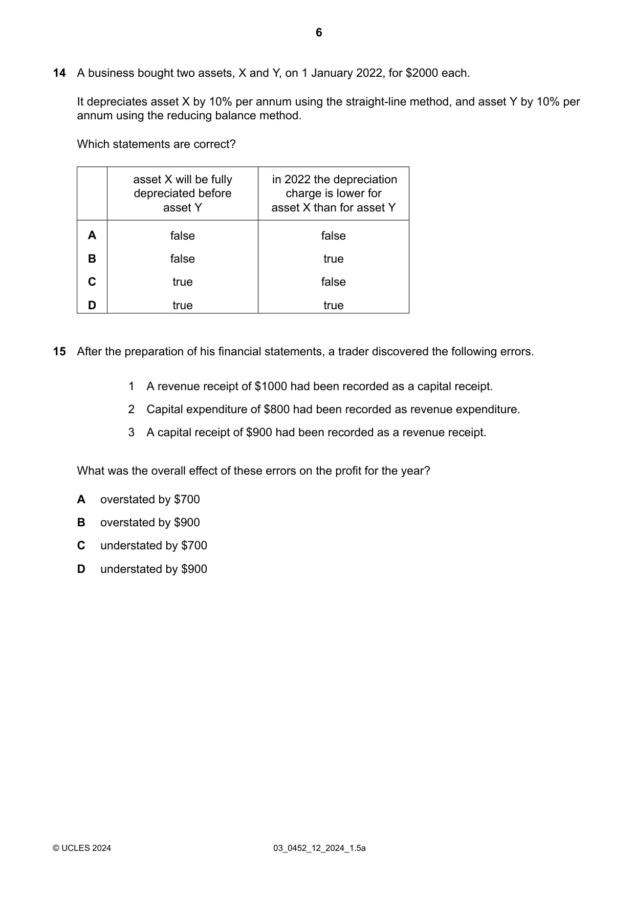 Cambridge IGCSE Accounting 0452 2024 Feb/March Paper 1 · Variant 2 question paper, page 6 of 16