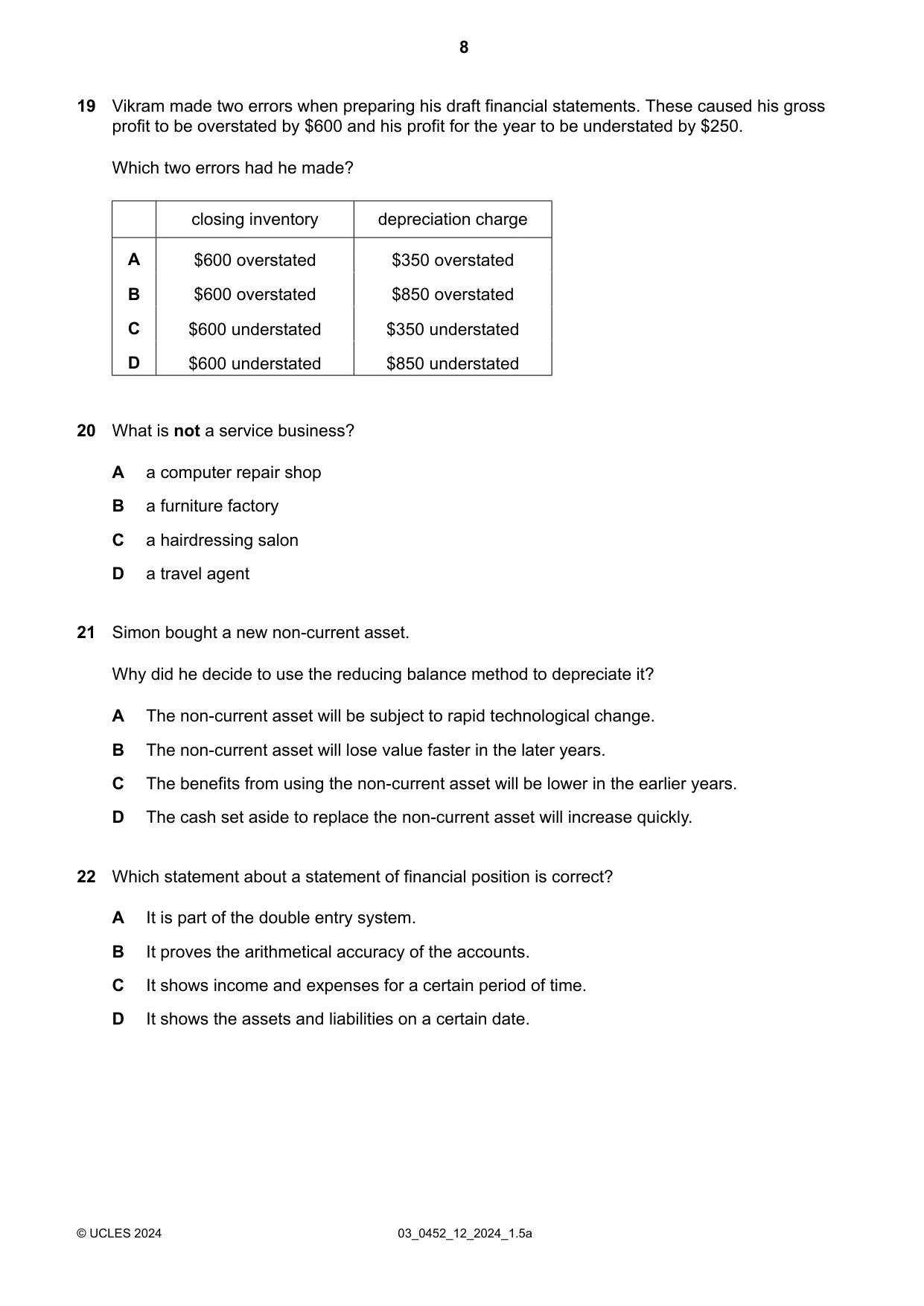 Cambridge IGCSE Accounting 0452 2024 Feb/March Paper 1 · Variant 2 question paper, page 8 of 16