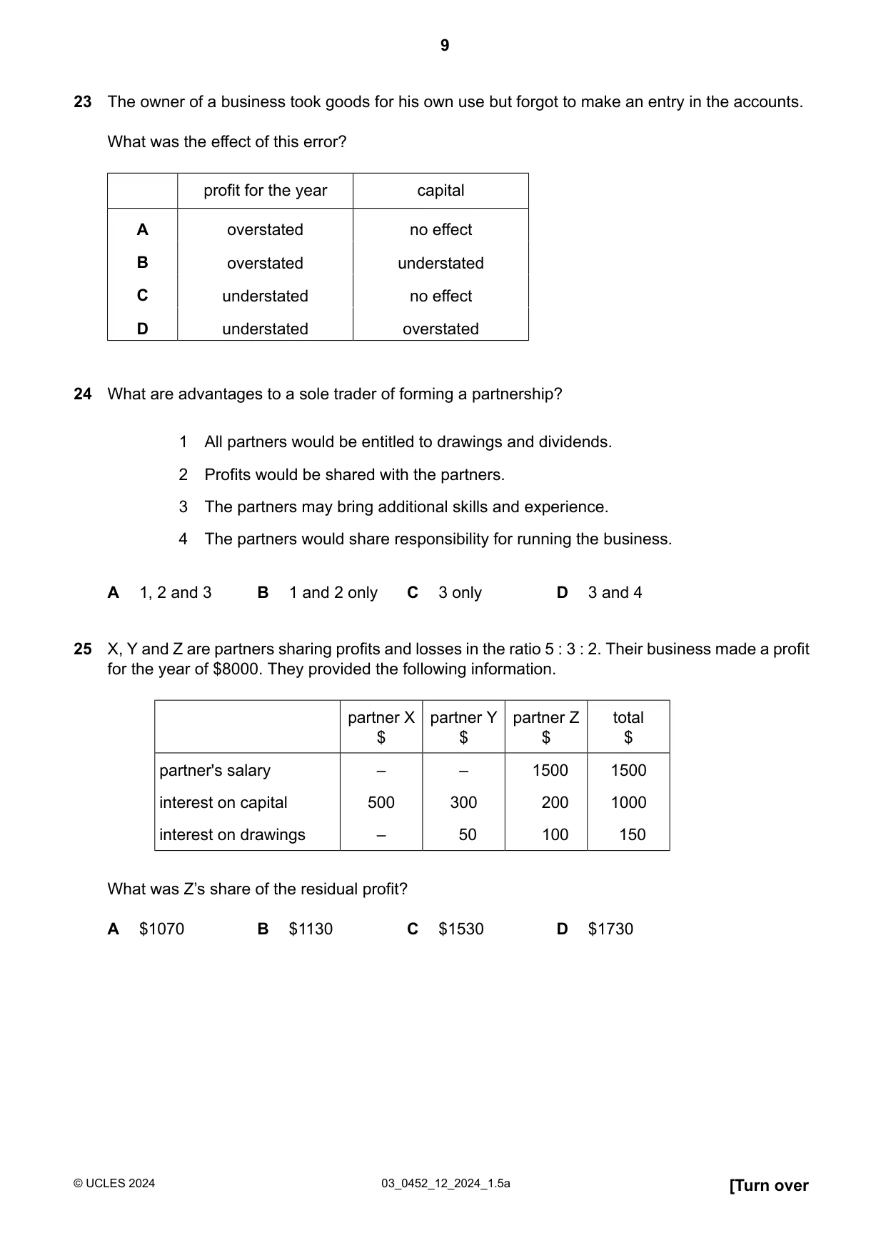 Cambridge IGCSE Accounting 0452 2024 Feb/March Paper 1 · Variant 2 question paper, page 9 of 16