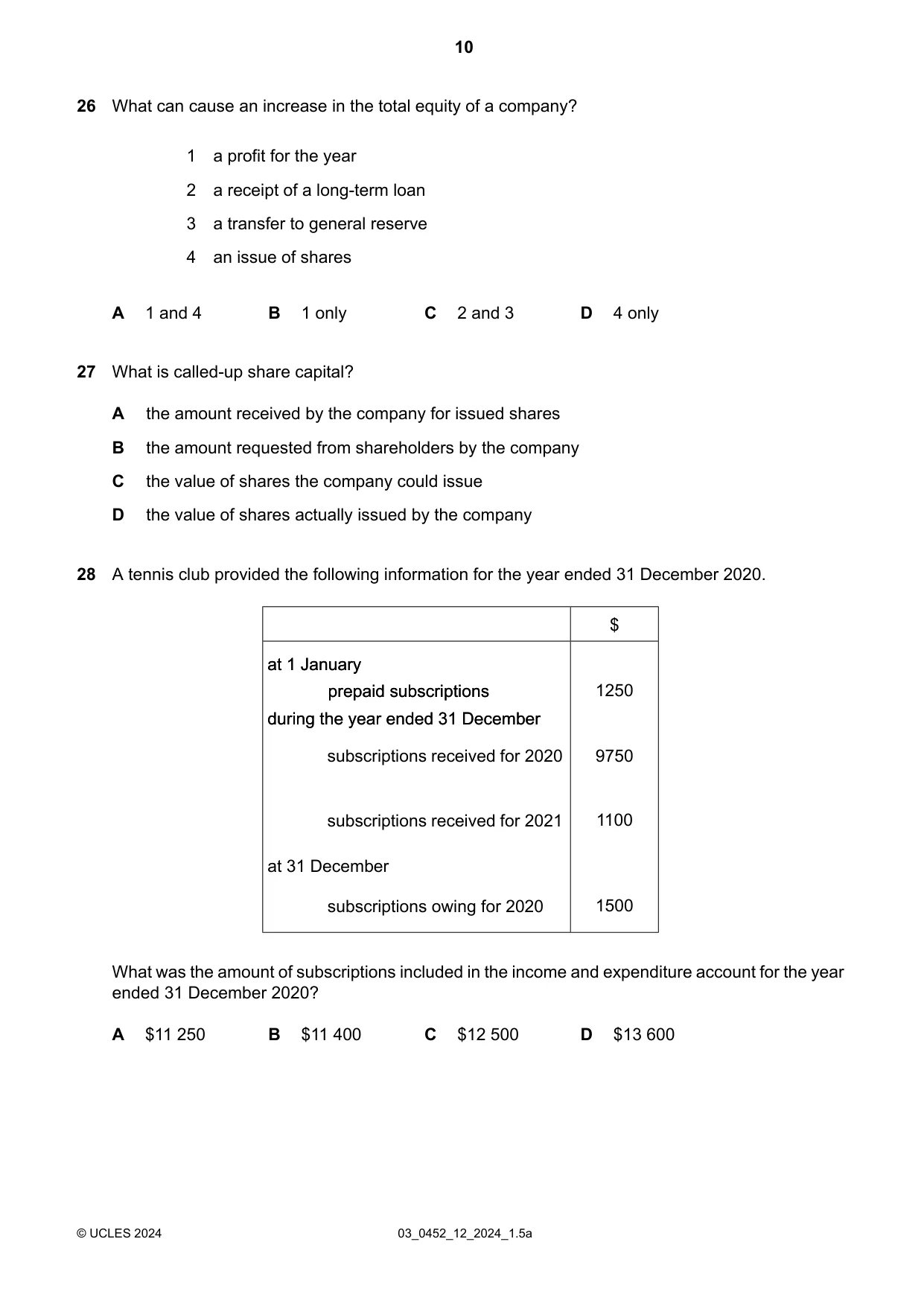 Cambridge IGCSE Accounting 0452 2024 Feb/March Paper 1 · Variant 2 question paper, page 10 of 16