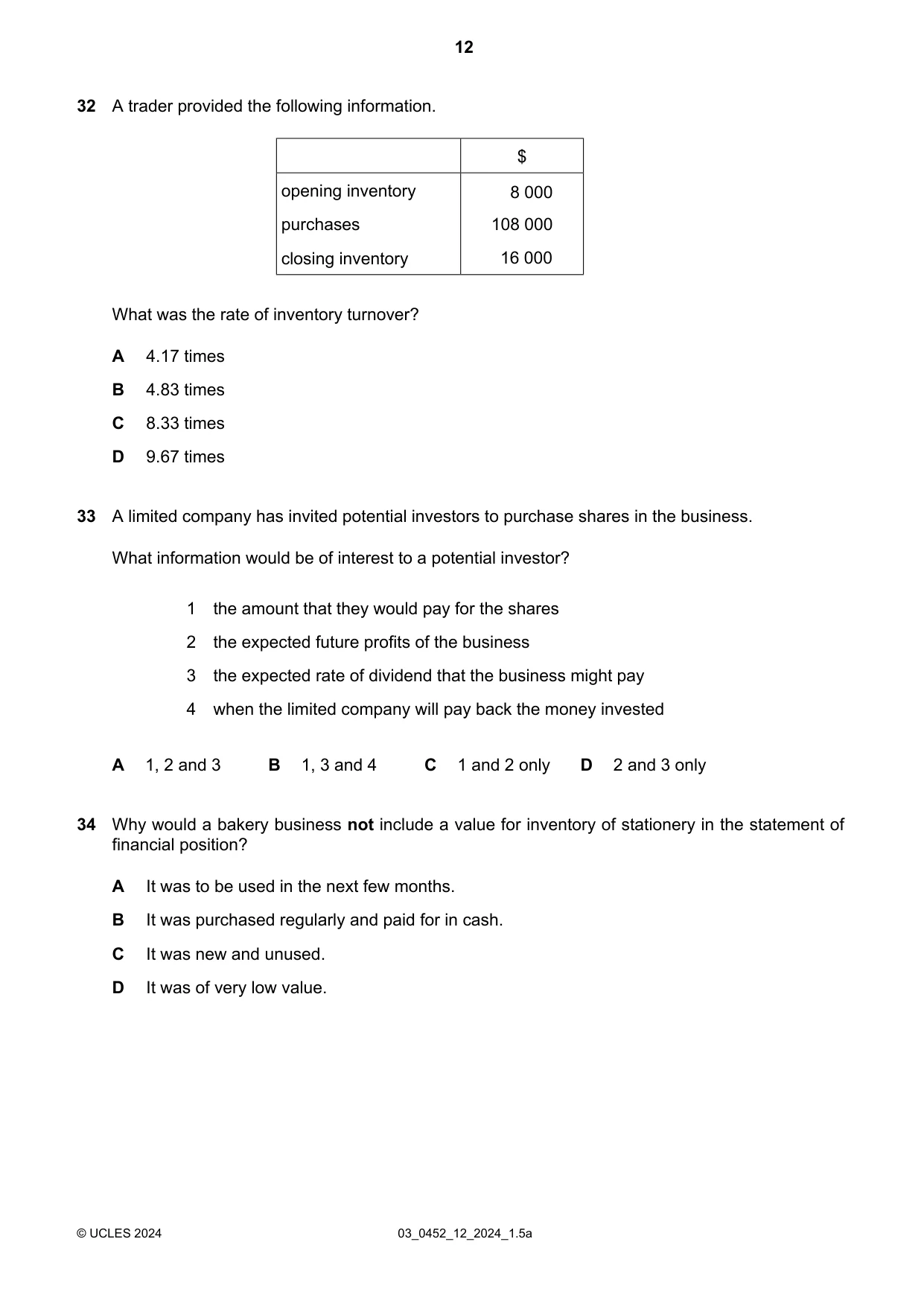 Cambridge IGCSE Accounting 0452 2024 Feb/March Paper 1 · Variant 2 question paper, page 12 of 16