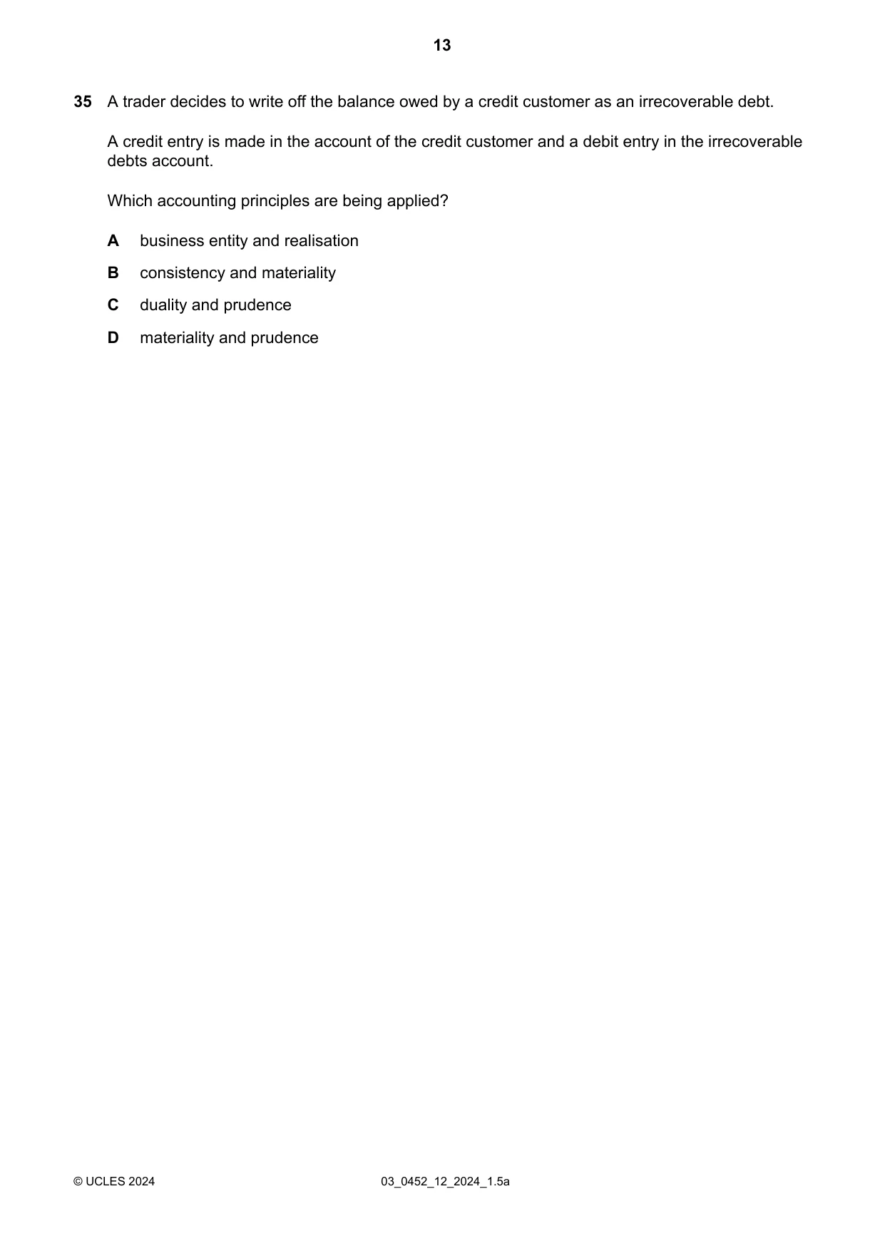Cambridge IGCSE Accounting 0452 2024 Feb/March Paper 1 · Variant 2 question paper, page 13 of 16