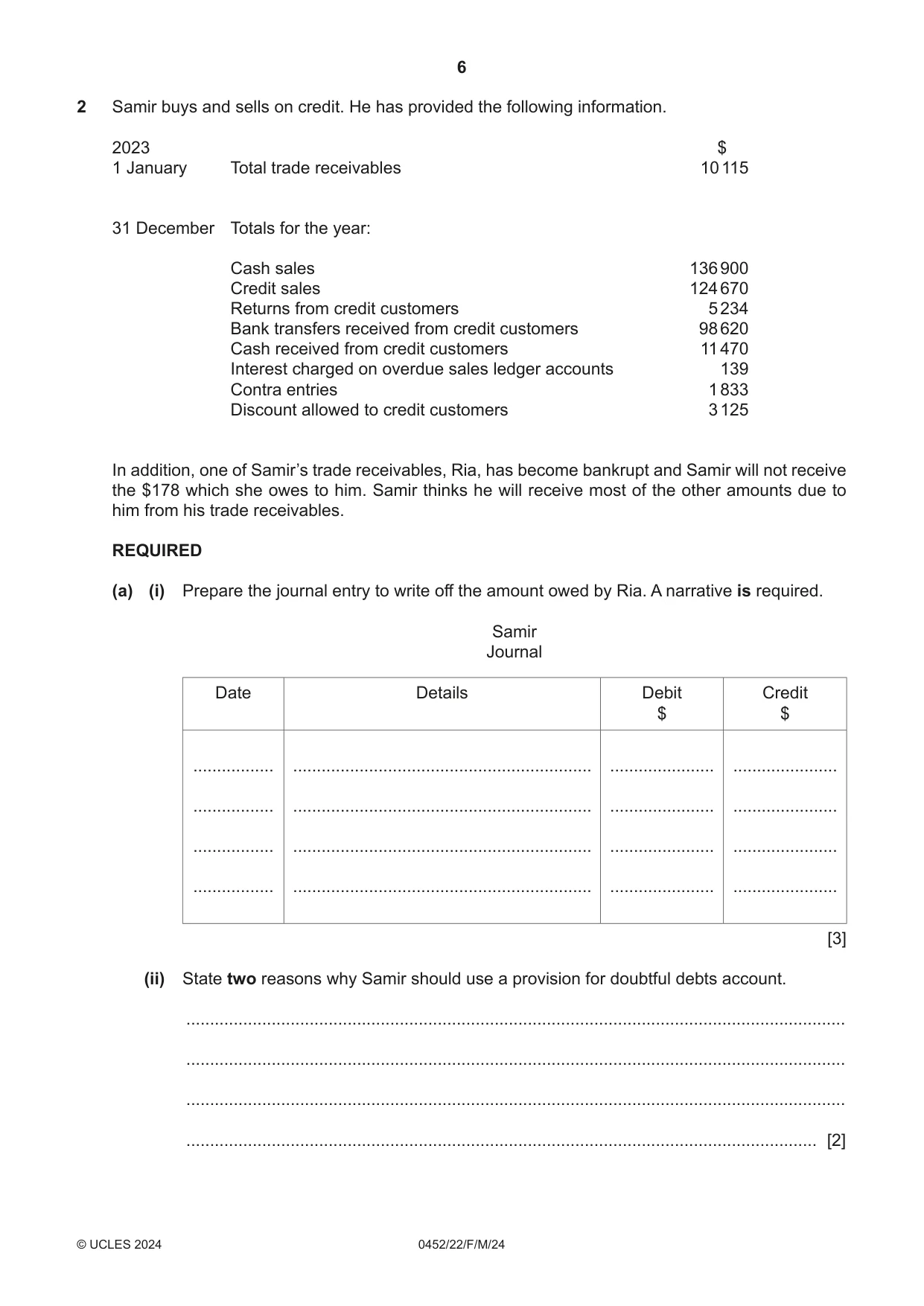 Cambridge IGCSE Accounting 0452 2024 Feb/March Paper 2 · Variant 2 question paper, page 6 of 20