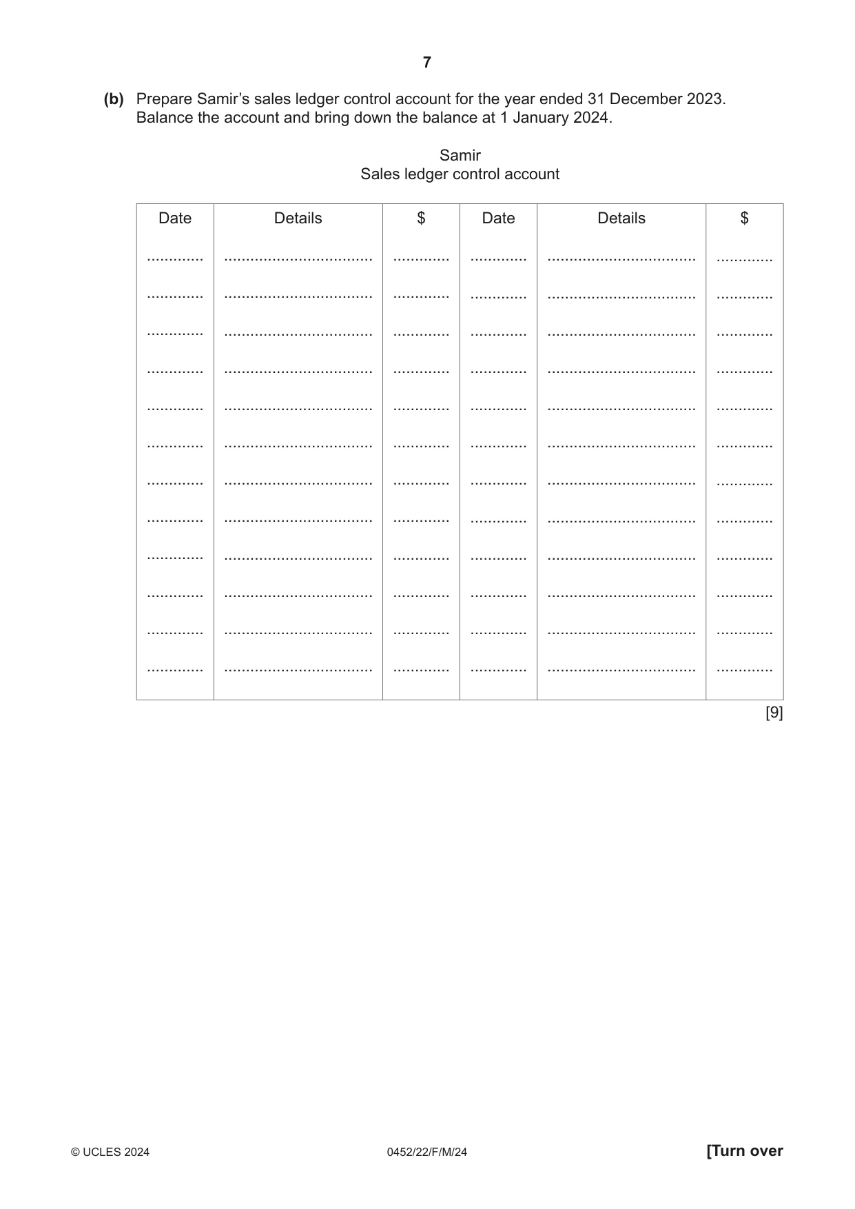 Cambridge IGCSE Accounting 0452 2024 Feb/March Paper 2 · Variant 2 question paper, page 7 of 20