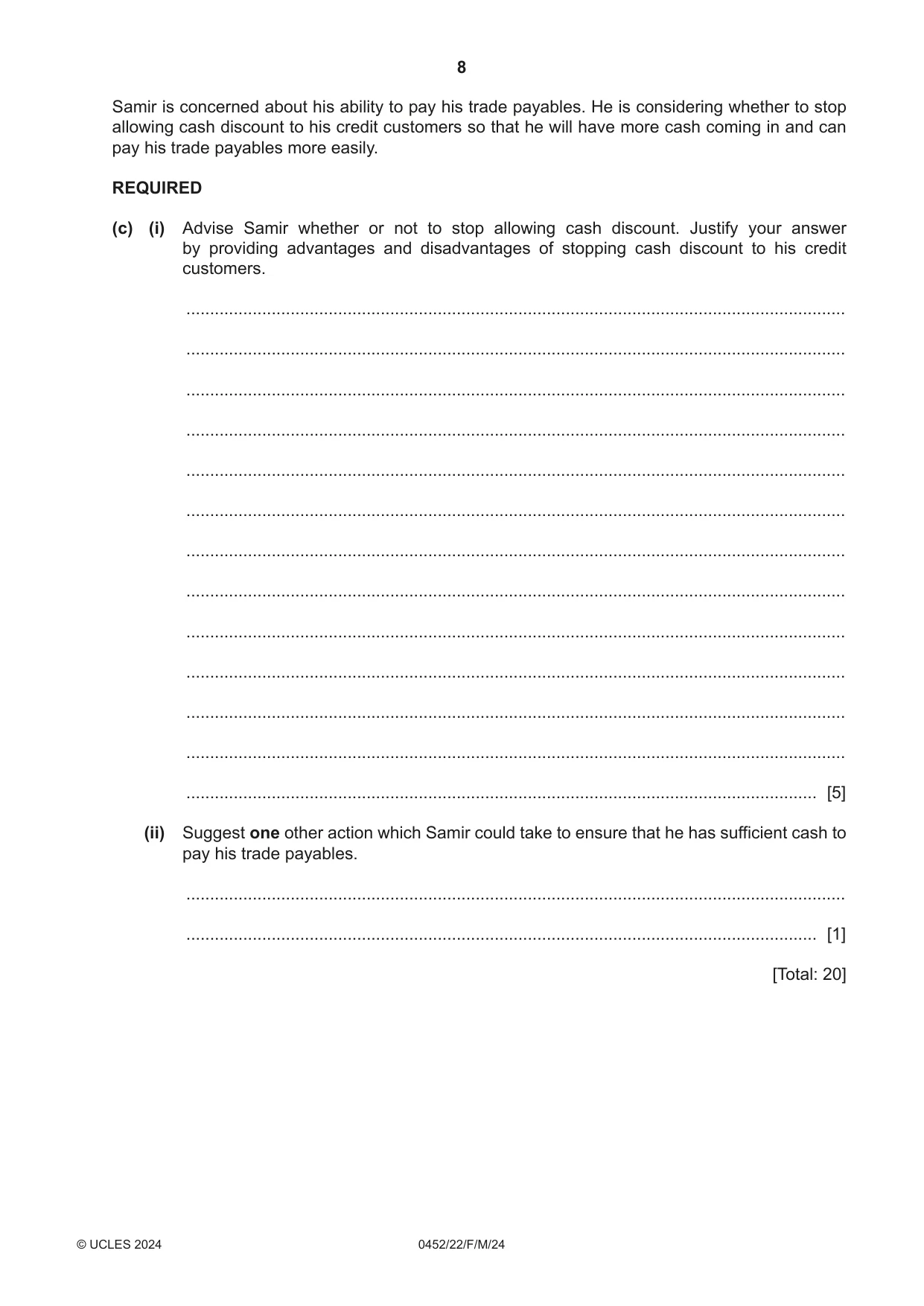Cambridge IGCSE Accounting 0452 2024 Feb/March Paper 2 · Variant 2 question paper, page 8 of 20