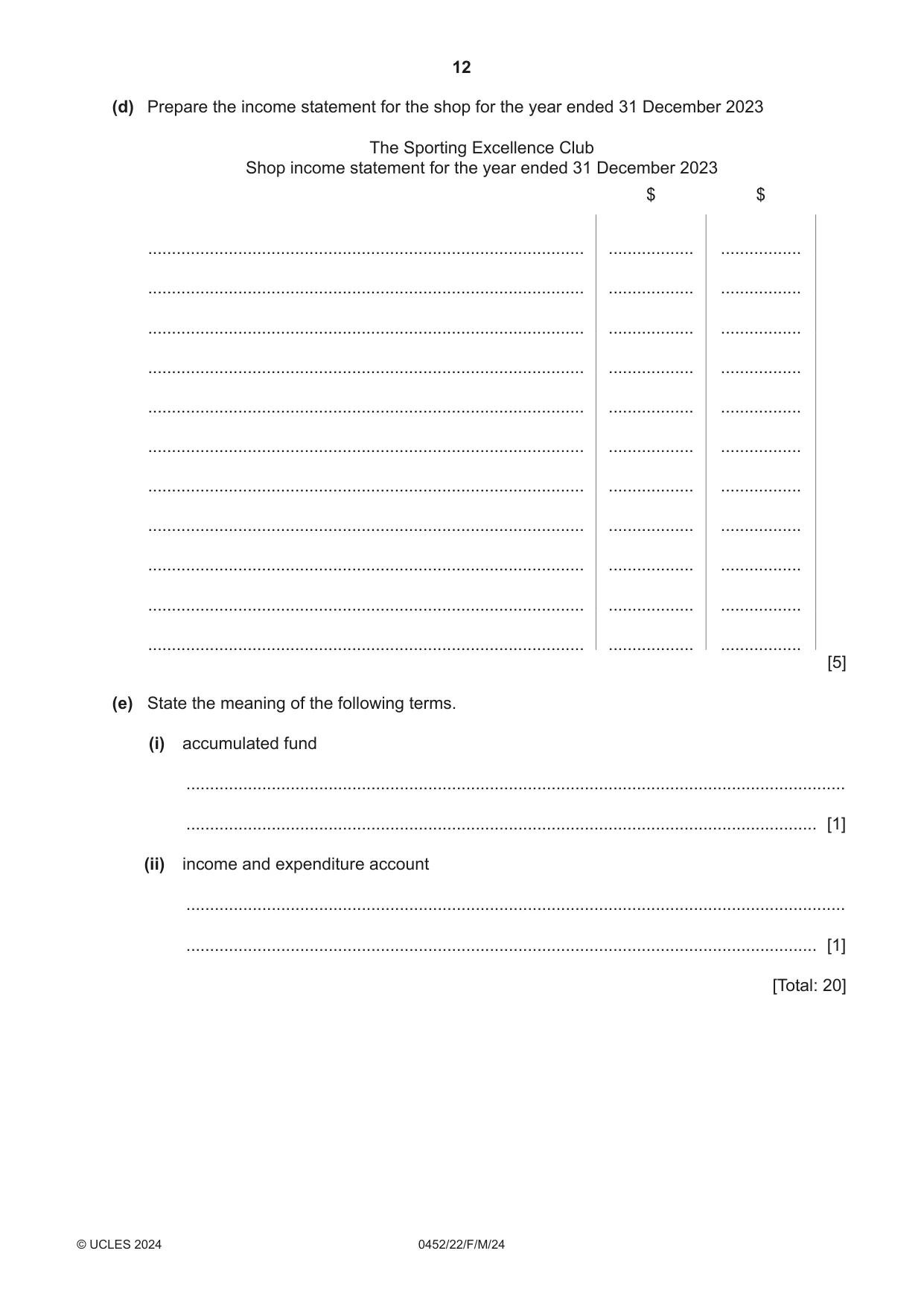 Cambridge IGCSE Accounting 0452 2024 Feb/March Paper 2 · Variant 2 question paper, page 12 of 20