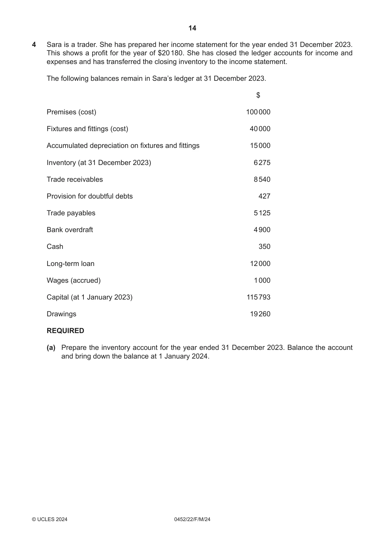 Cambridge IGCSE Accounting 0452 2024 Feb/March Paper 2 · Variant 2 question paper, page 14 of 20