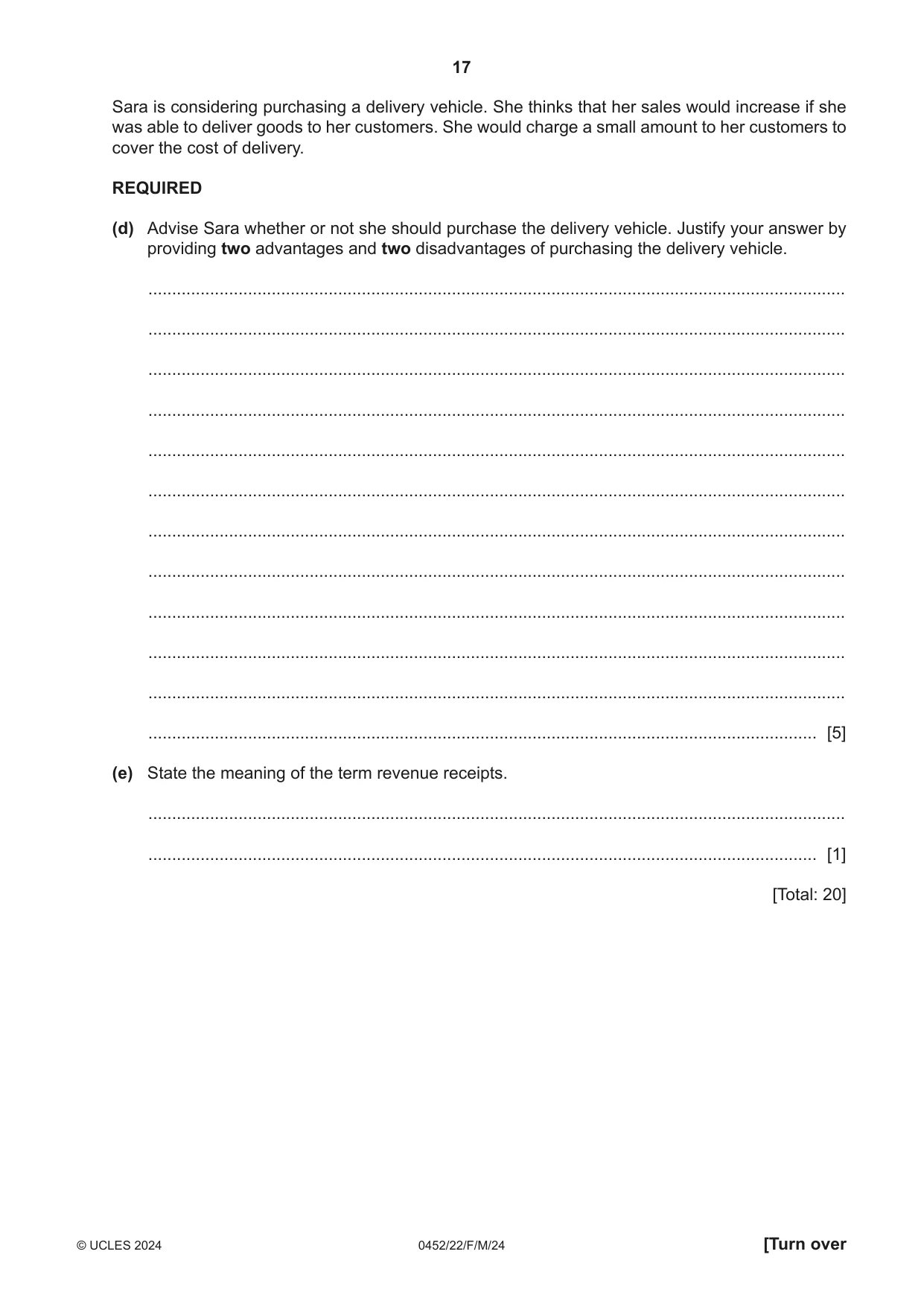 Cambridge IGCSE Accounting 0452 2024 Feb/March Paper 2 · Variant 2 question paper, page 17 of 20