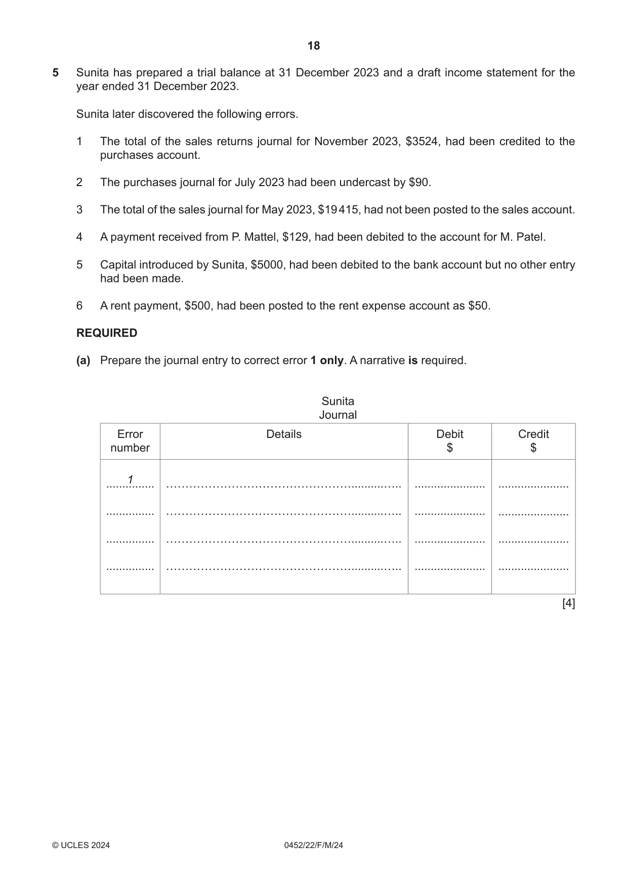 Cambridge IGCSE Accounting 0452 2024 Feb/March Paper 2 · Variant 2 question paper, page 18 of 20