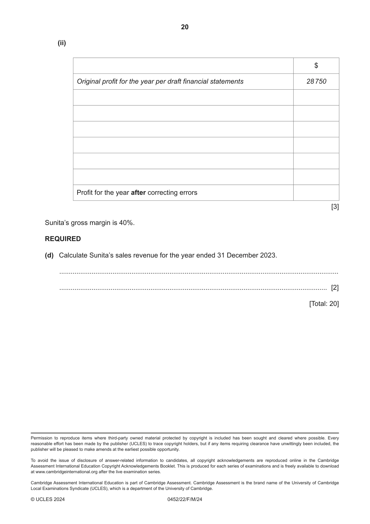 Cambridge IGCSE Accounting 0452 2024 Feb/March Paper 2 · Variant 2 question paper, page 20 of 20