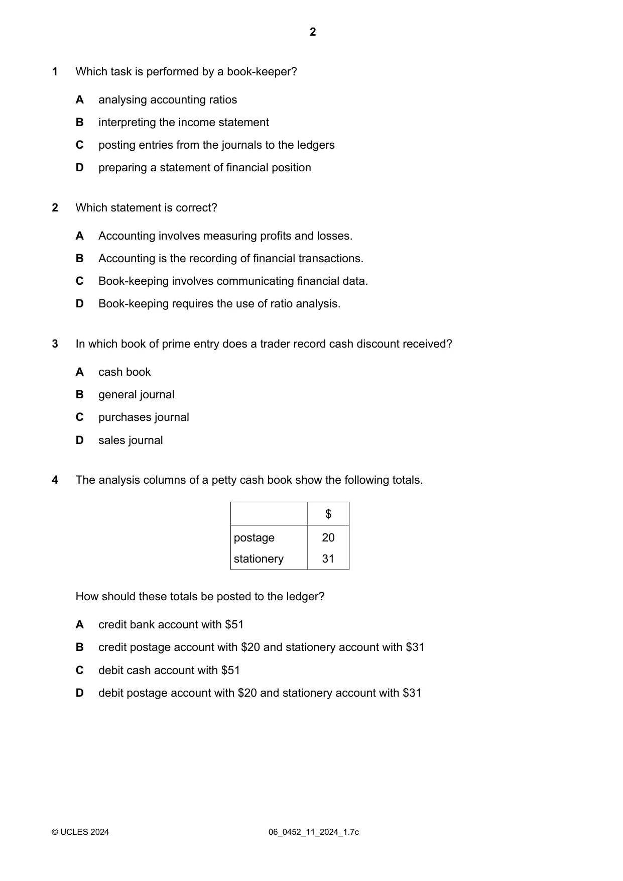 Cambridge IGCSE Accounting 0452 2024 May/June Paper 1 · Variant 1 question paper, page 2 of 12